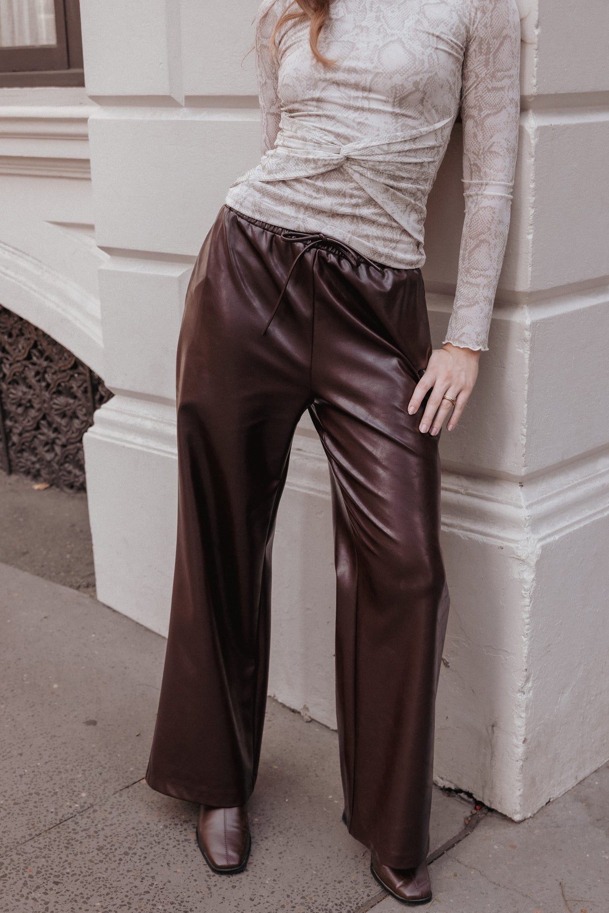 BOTTOMS Saffron Vegan Leather Wide Leg Pant - Burgundy