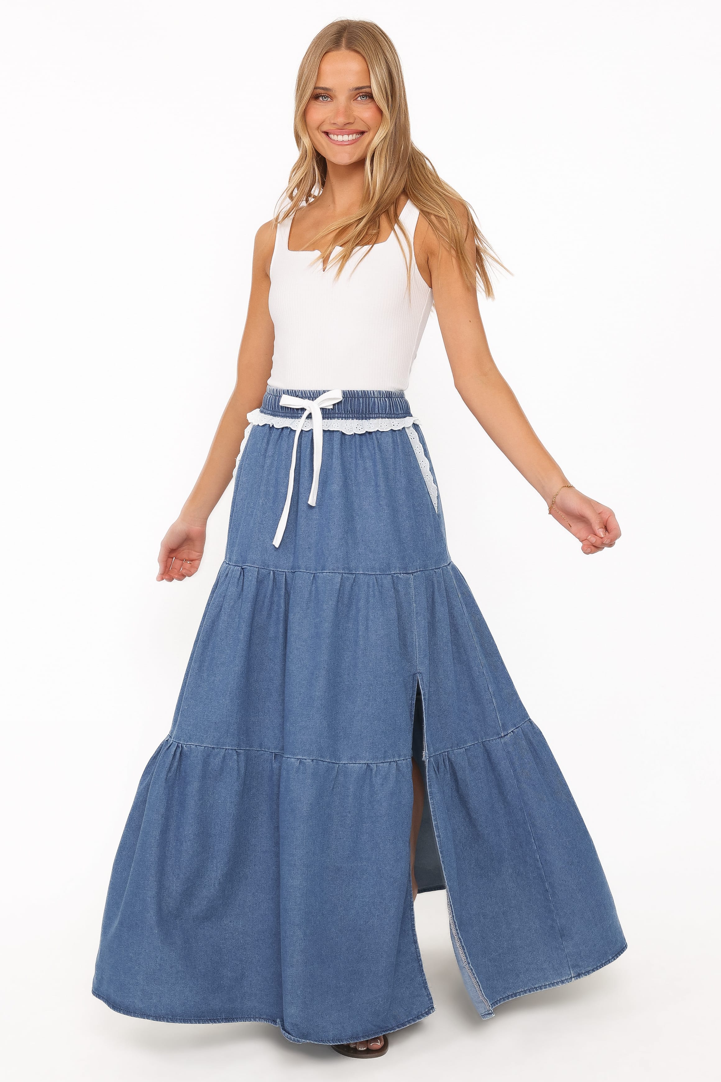 BOTTOMS Scout Tiered Denim Maxi Skirt - Medium Wash