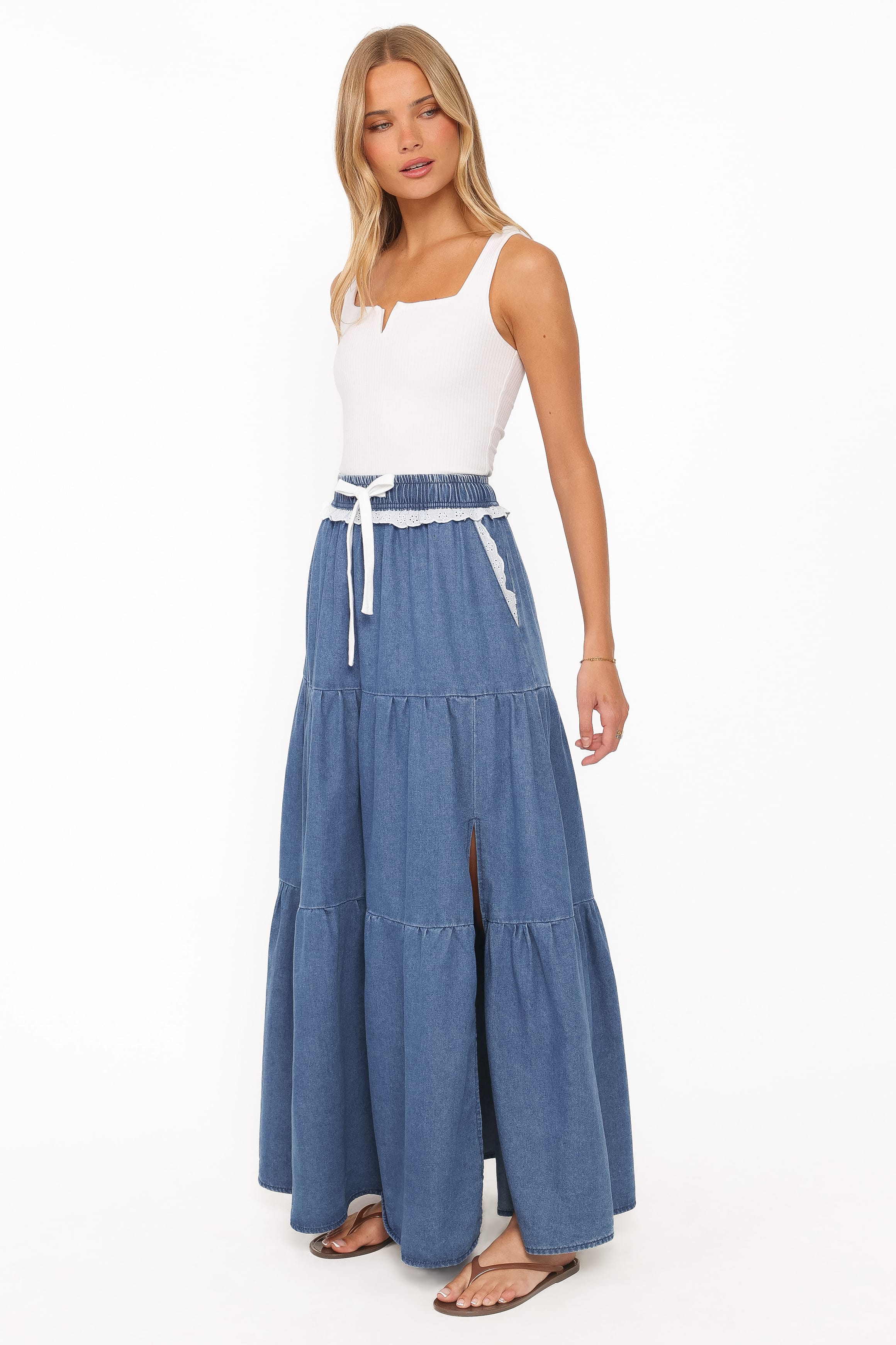 BOTTOMS Scout Tiered Denim Maxi Skirt - Medium Wash