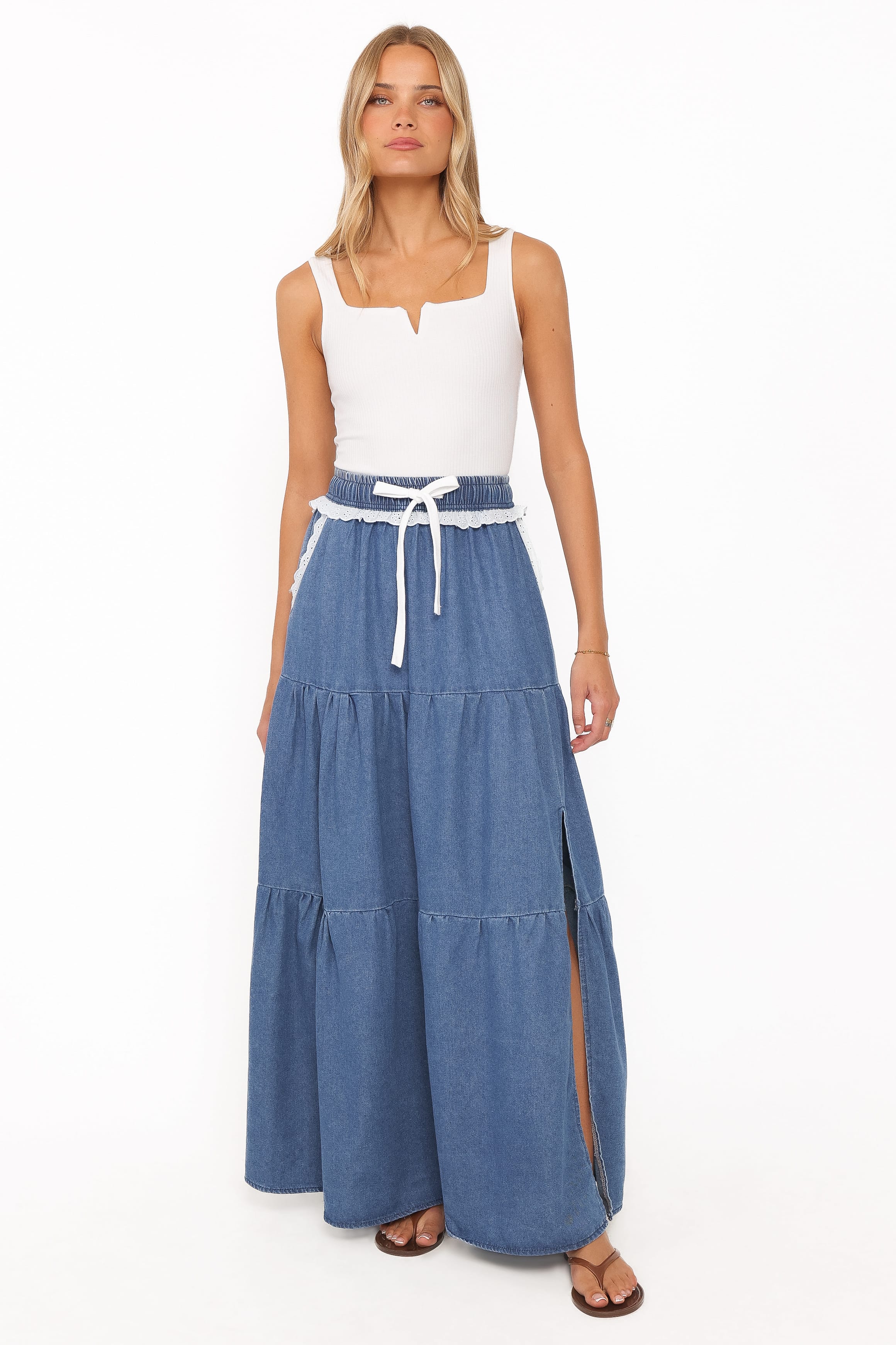 BOTTOMS Scout Tiered Denim Maxi Skirt - Medium Wash