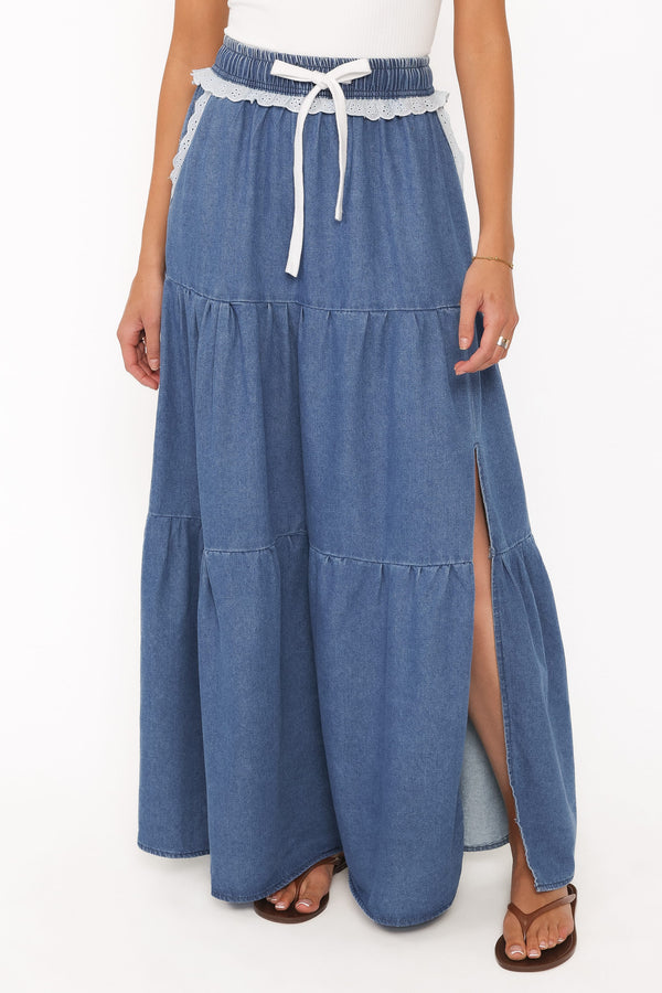 BOTTOMS Scout Tiered Denim Maxi Skirt - Medium Wash