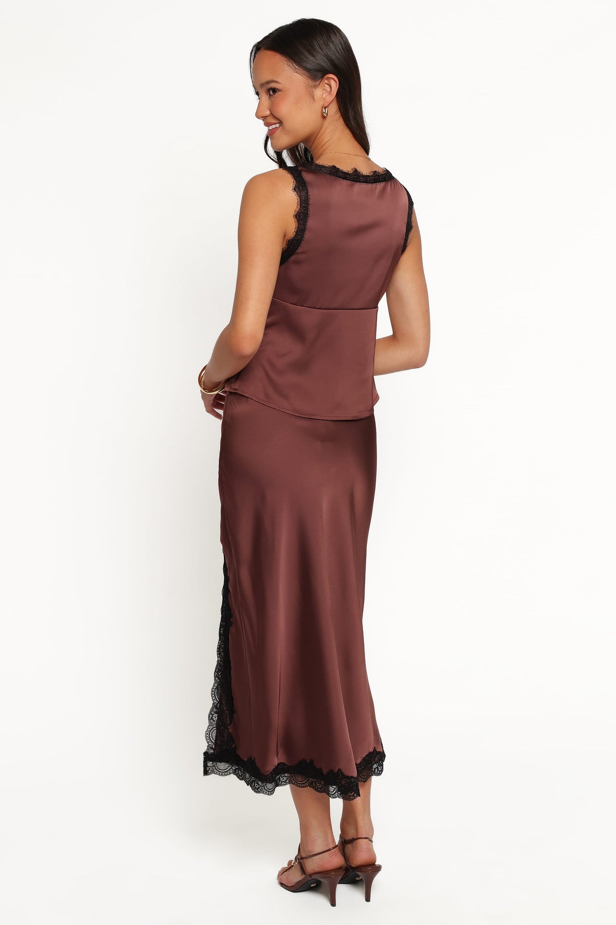 BOTTOMS Theoni Slit Front Lace Trim Skirt - Brown