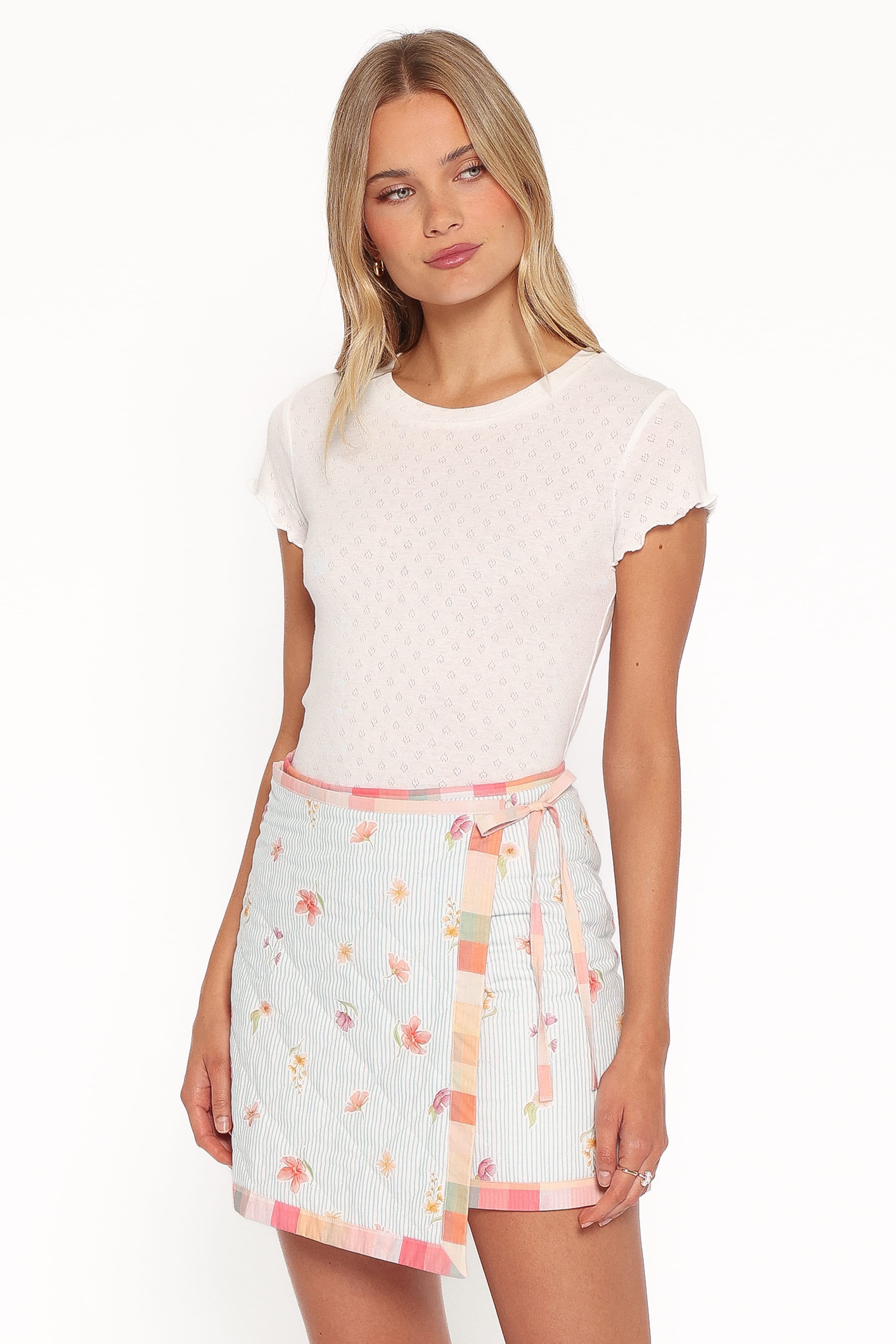 BOTTOMS Yana Faux Wrap Quilted Mini Skirt - Blue Garden Stripe