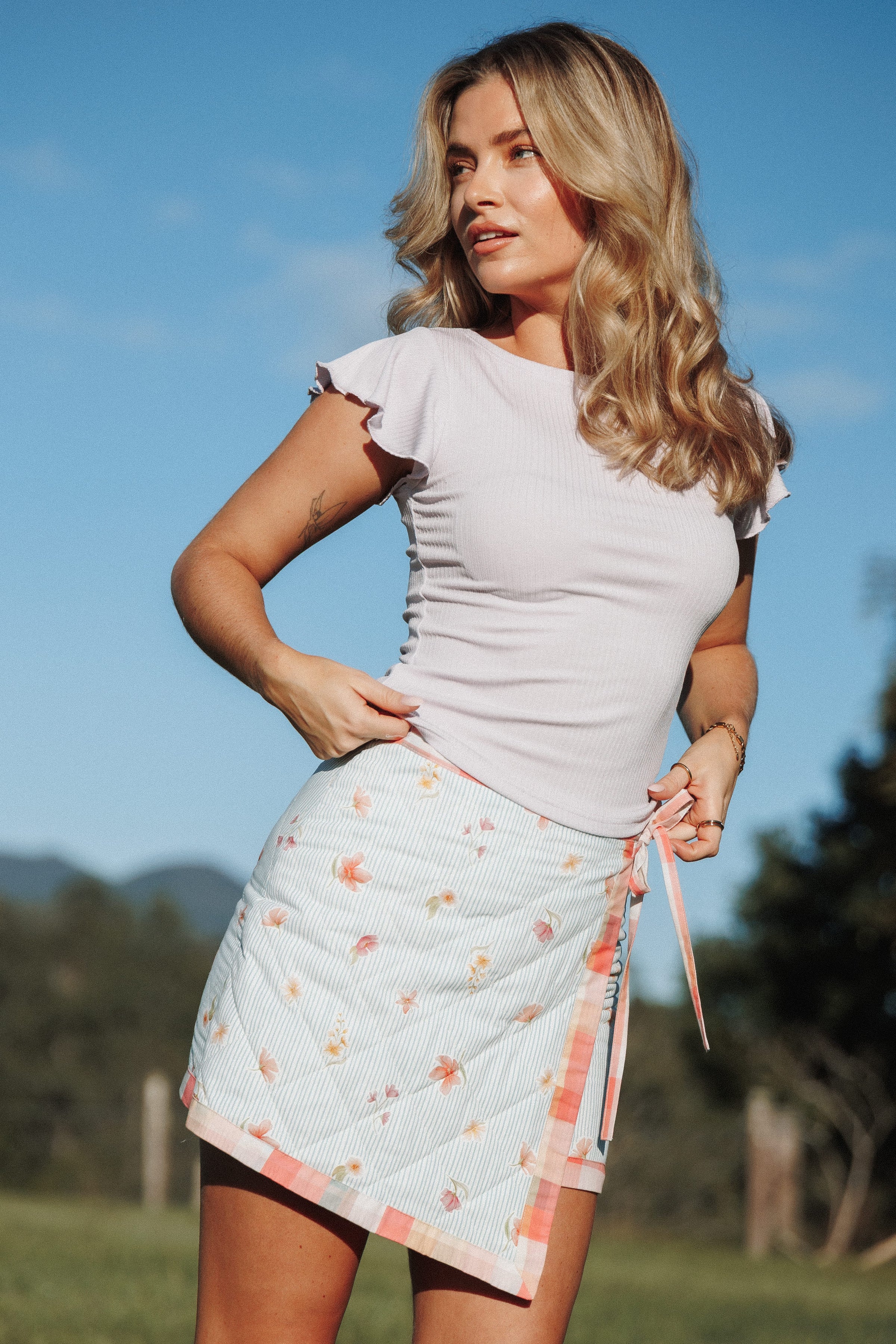 BOTTOMS Yana Faux Wrap Quilted Mini Skirt - Blue Garden Stripe