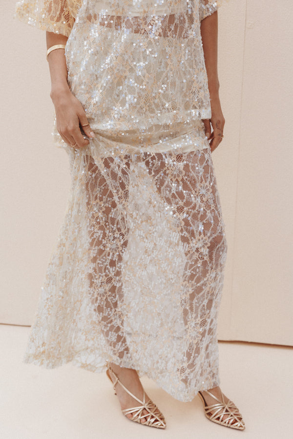 BOTTOMS Yonder Sheer Panel Lace Maxi Skirt - Pale Yellow