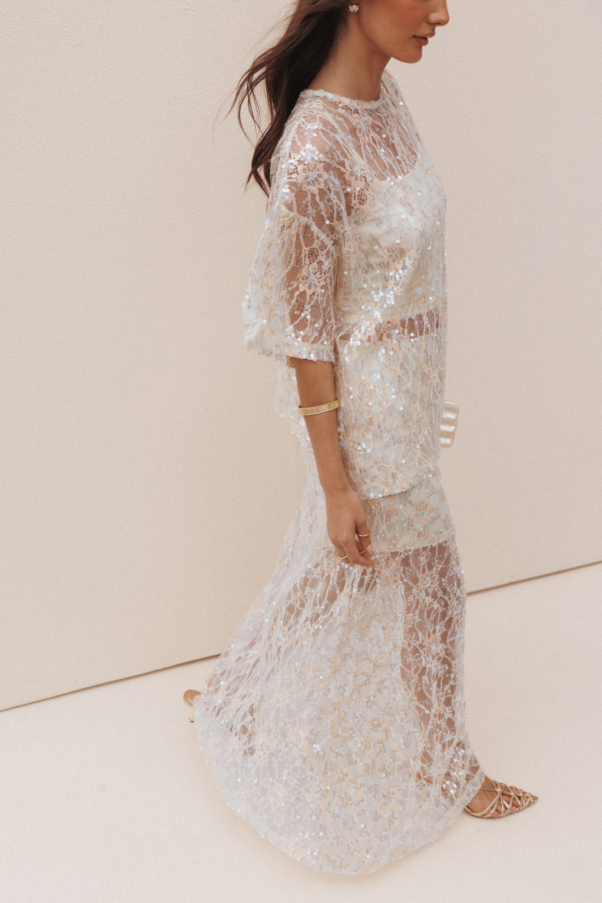 BOTTOMS Yonder Sheer Panel Lace Maxi Skirt - Pale Yellow