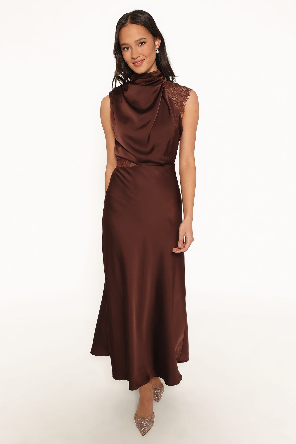 Anabelle Halter Neck Lace Maxi Dress - Chocolate Brown