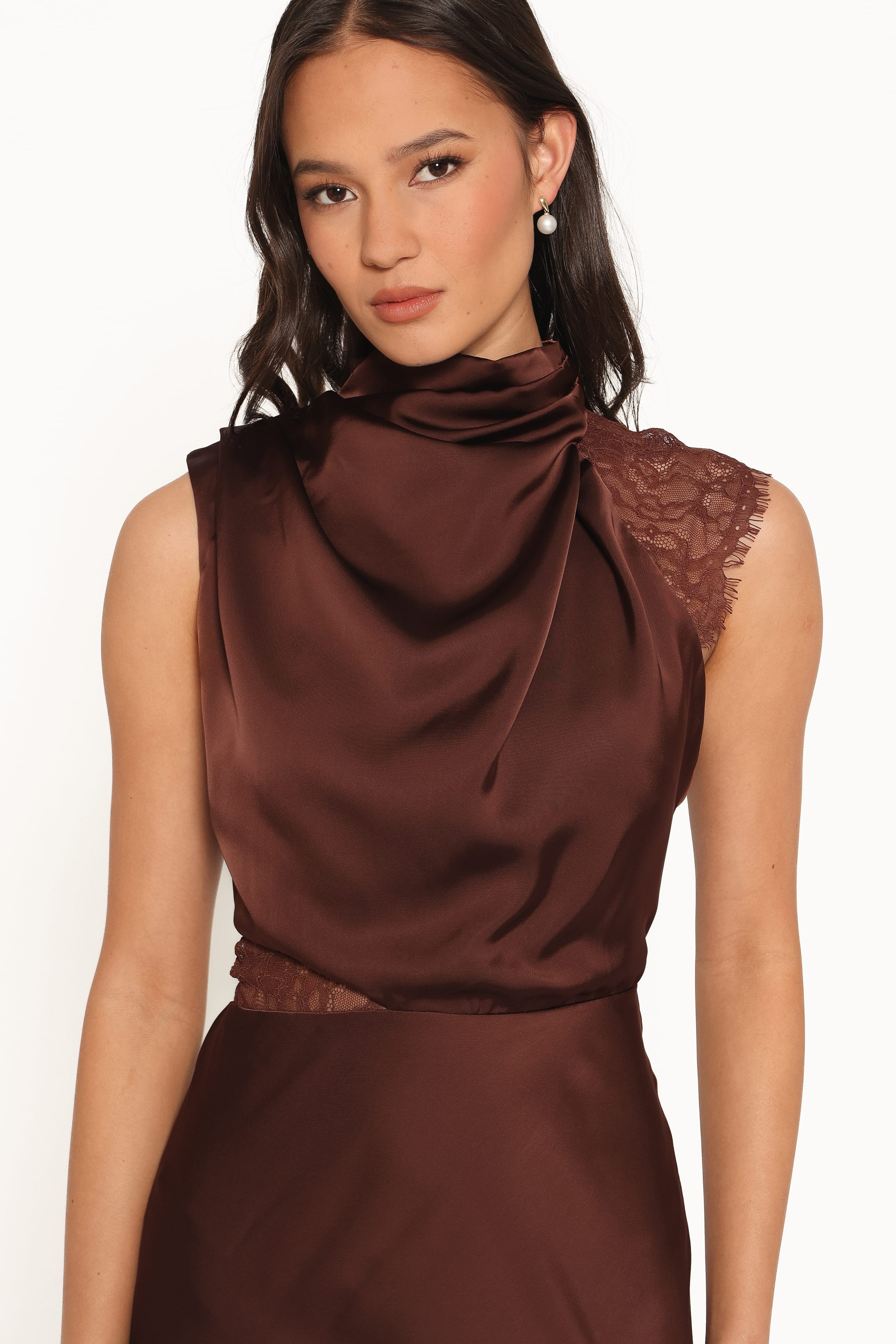 DRESSES Anabelle Halter Neck Lace Maxi Dress - Chocolate Brown