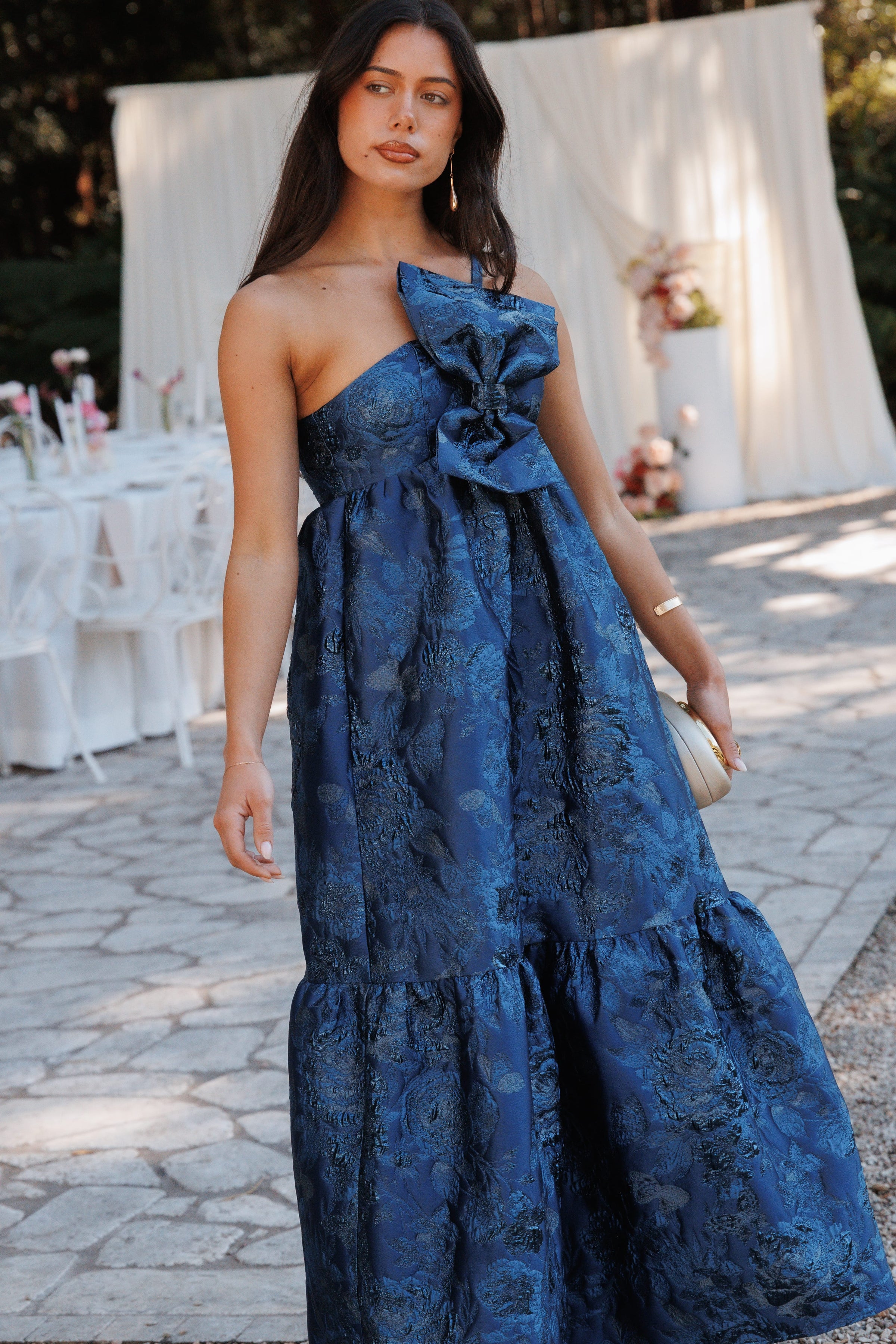 DRESSES Betina Bow Front Maxi Dress - Blue Brocade