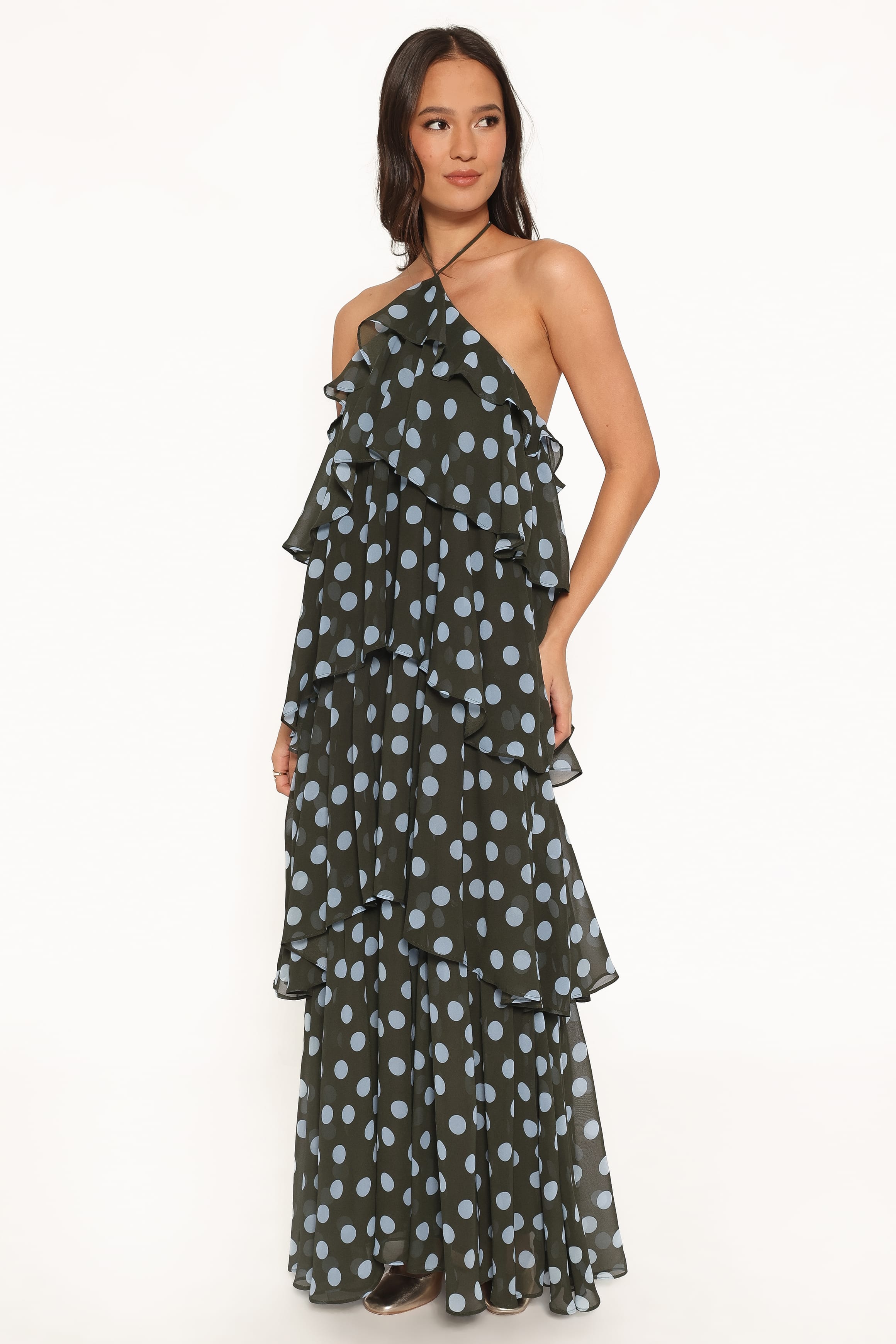 DRESSES Chasity Halterneck Maxi Dress - Olive Polka Dot