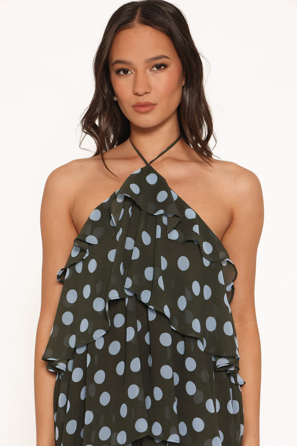 DRESSES Chasity Halterneck Maxi Dress - Olive Polka Dot
