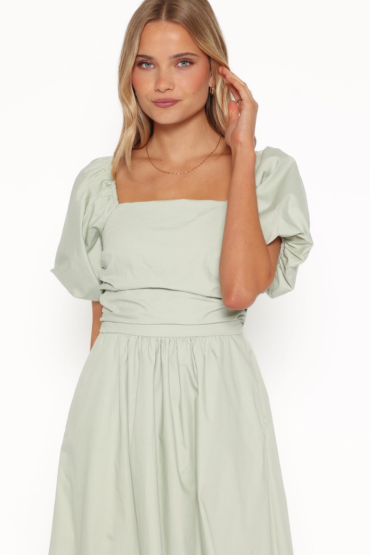 sage green cocktail dress with sleeves Clo Puff Sleeve Midi wedding guest wedding sage green cocktail dress