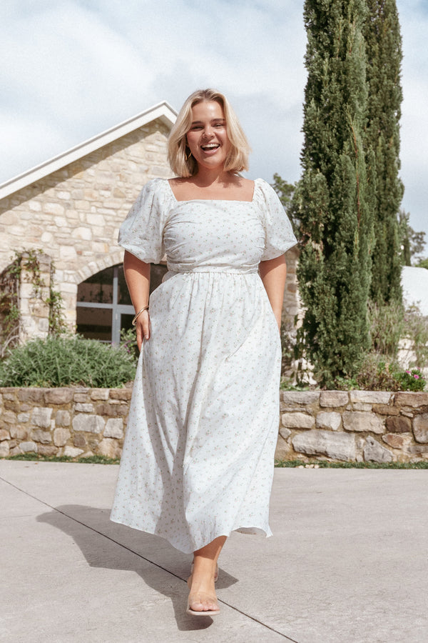 Annette Puff Sleeve Shirred Midi Dress White