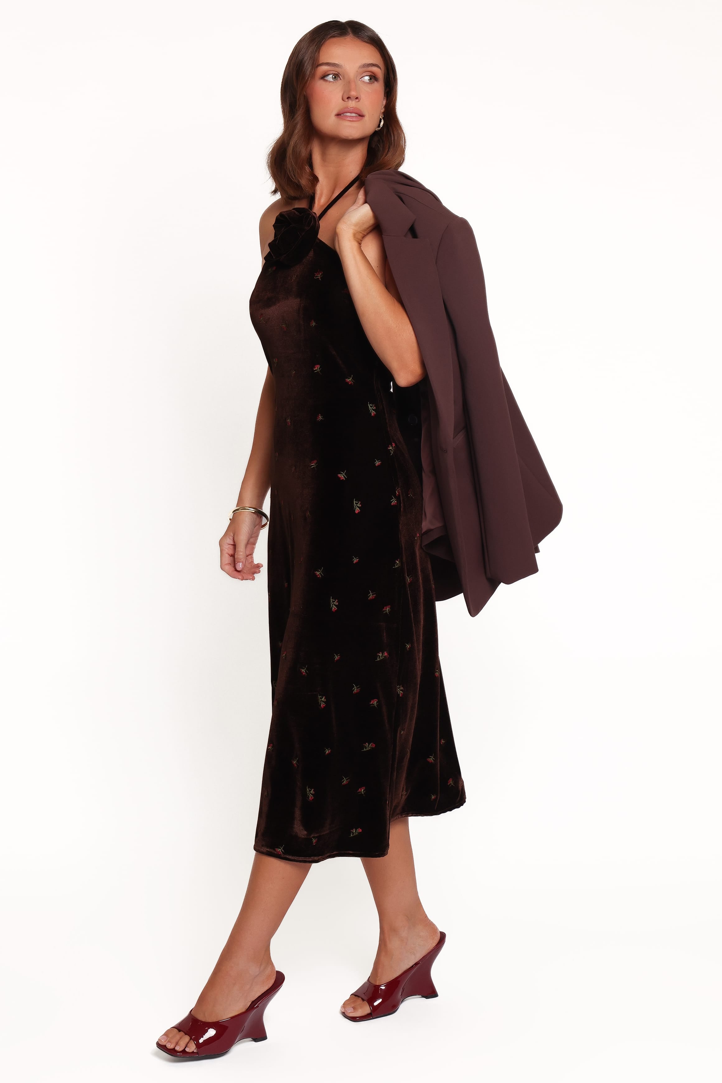 DRESSES Enrique Halterneck Velvet Dress - Brown Floral