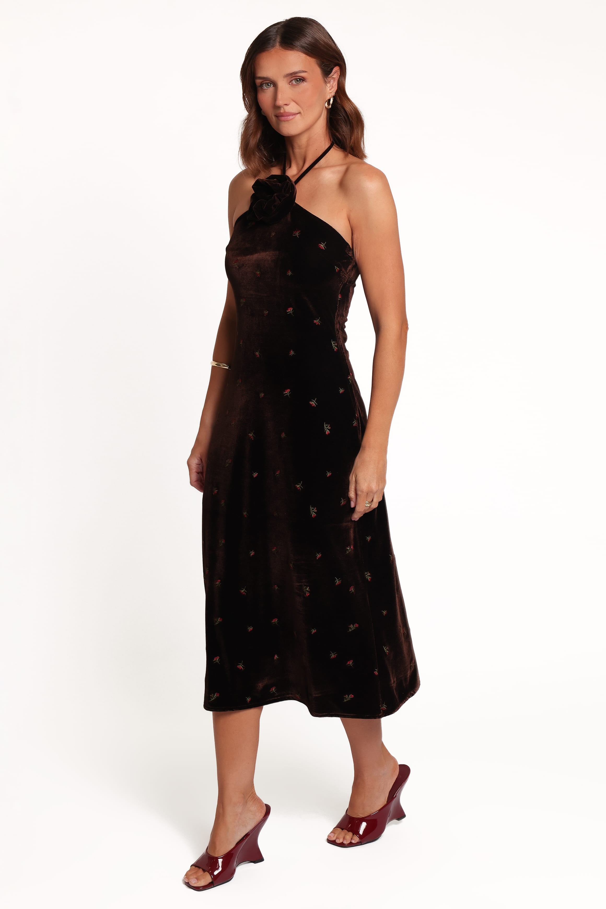 DRESSES Enrique Halterneck Velvet Dress - Brown Floral