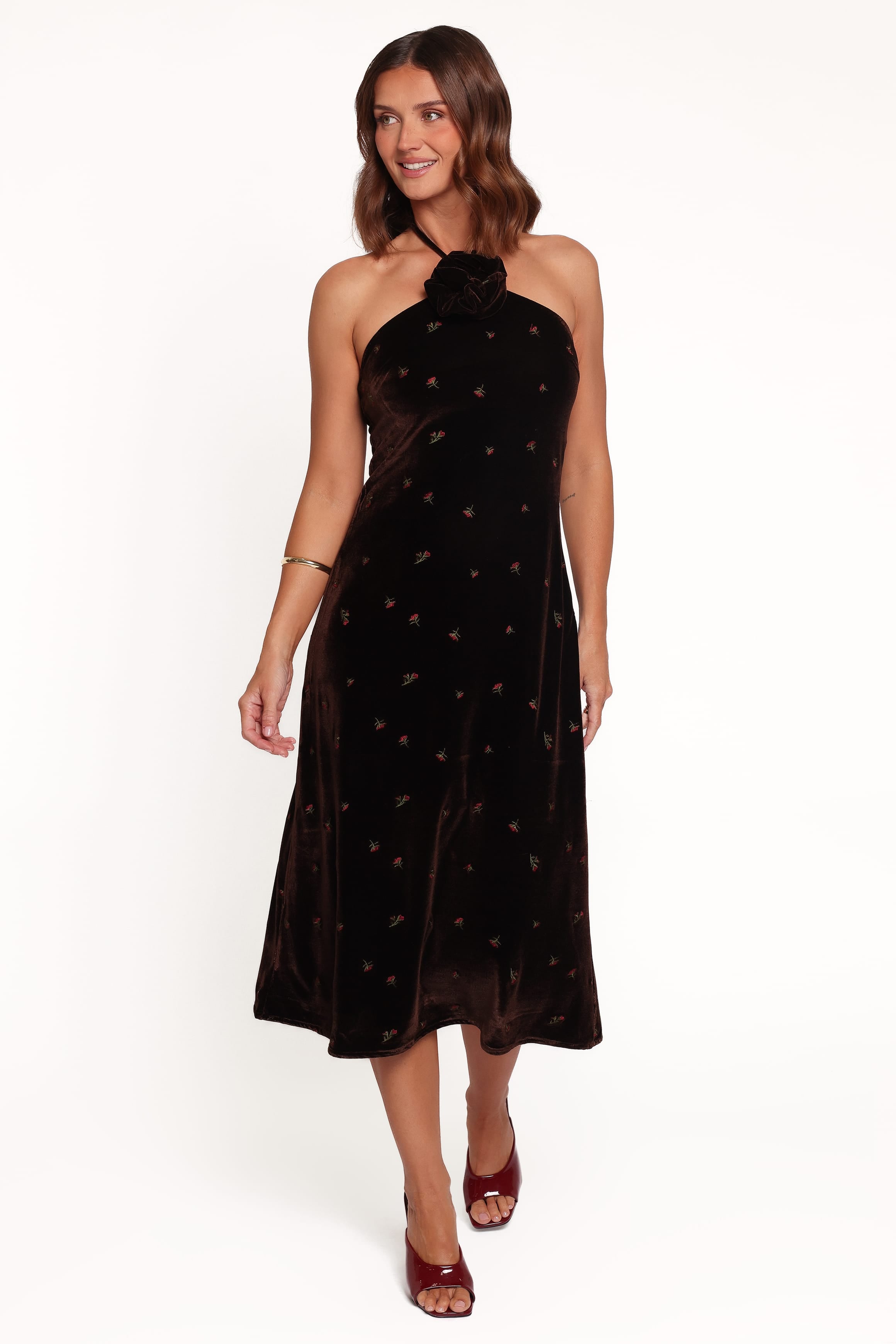 DRESSES Enrique Halterneck Velvet Dress - Brown Floral