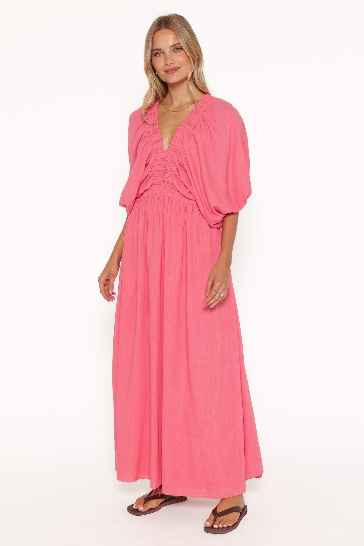hot pink maxi dress with sleeves Gianna Puff Sleeve Size:Oval Ring Pull sleeve detailing brings a greek goddess dress Christina Wu Brides -