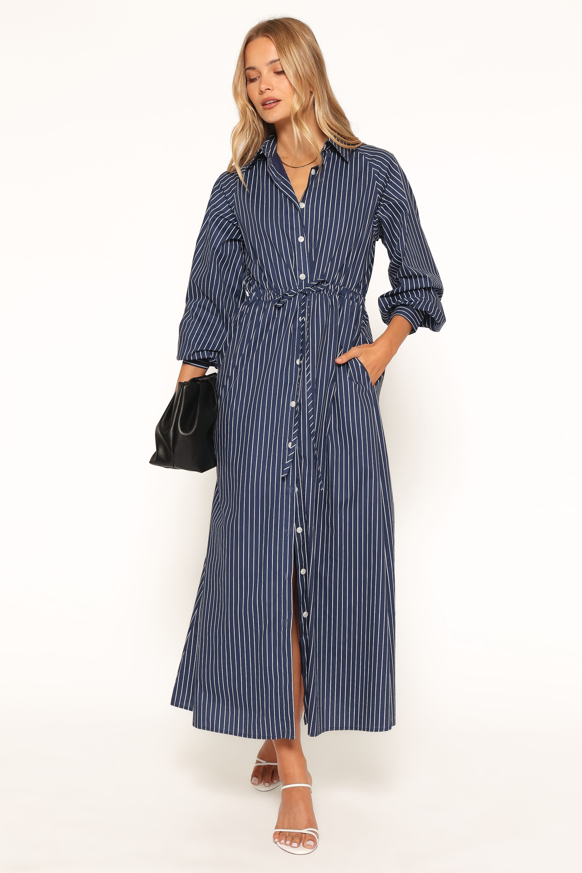 ワンピース herlipto Random Striped Long Dress navy Hansel Long Sleeve Maxi Dress - Navy Stripe | Petal & Pup USA