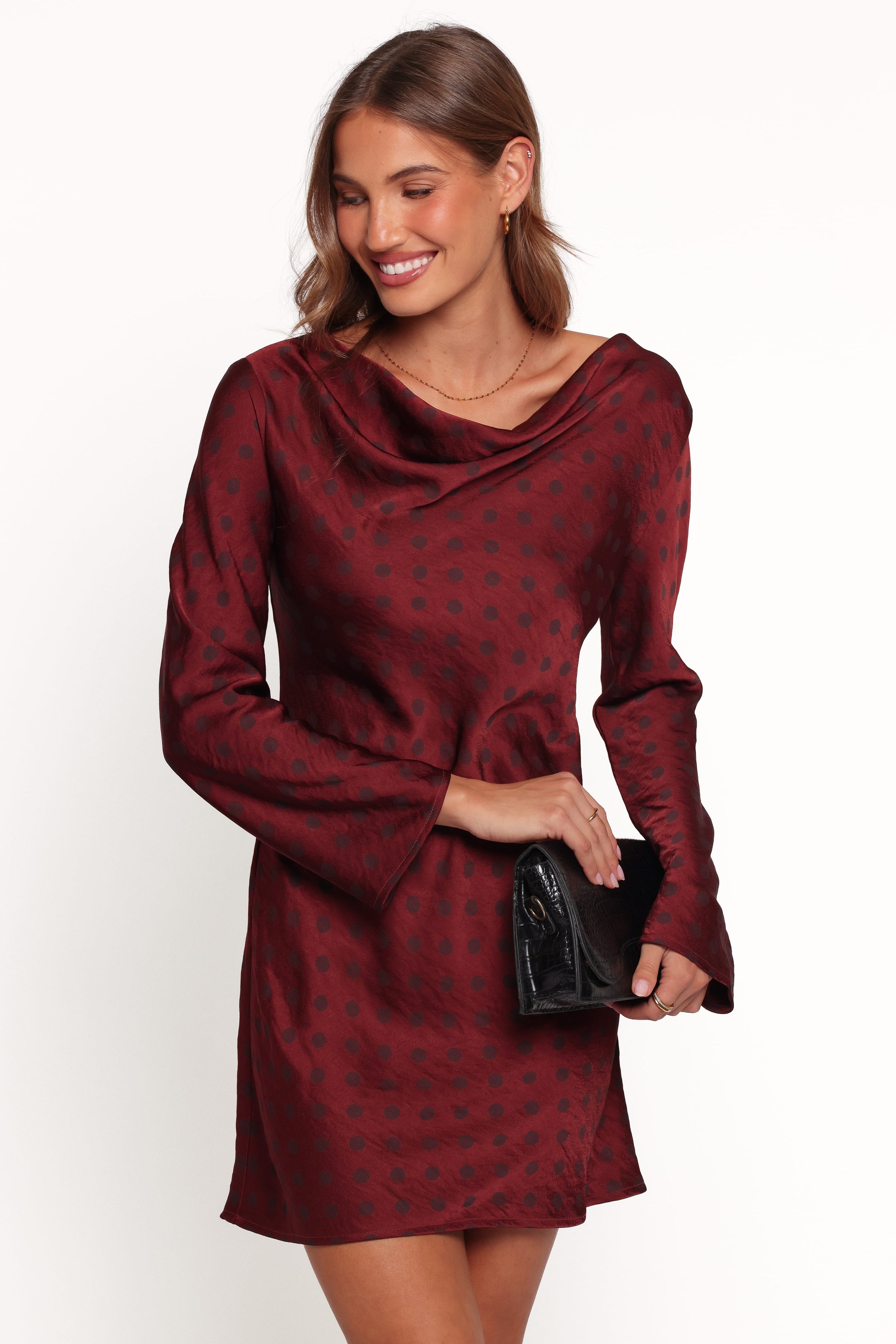 DRESSES Idalee Long Sleeve Mini Dress - Brown/Maroon Polka Dot
