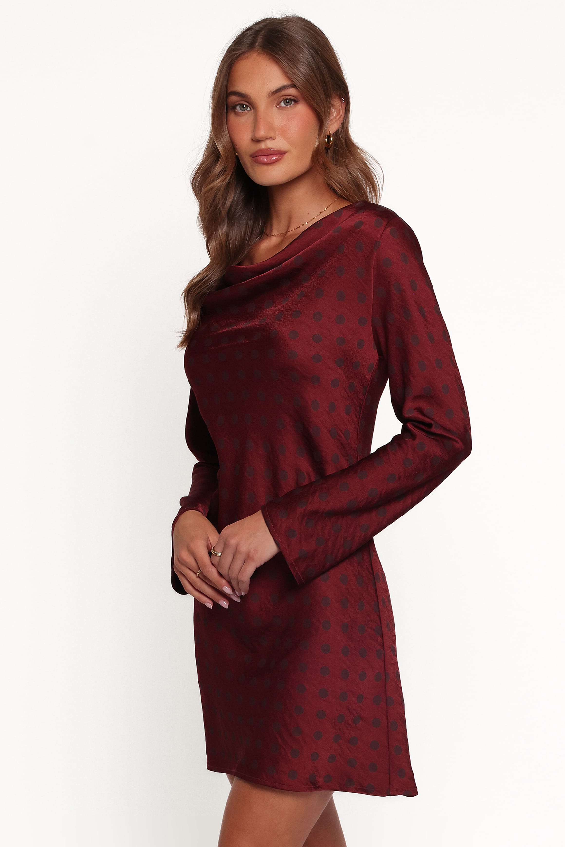 DRESSES Idalee Long Sleeve Mini Dress - Brown/Maroon Polka Dot