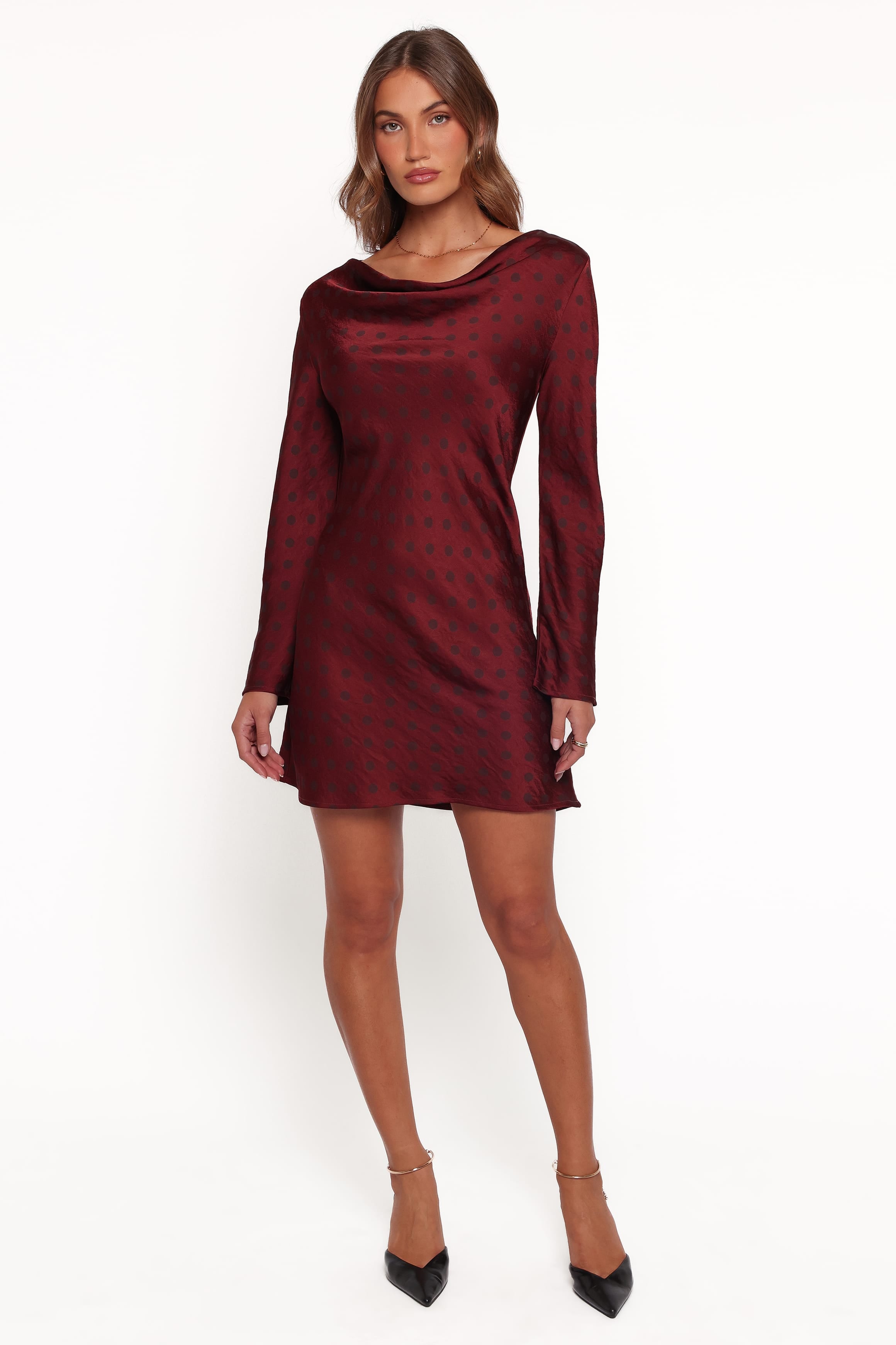 DRESSES Idalee Long Sleeve Mini Dress - Brown/Maroon Polka Dot