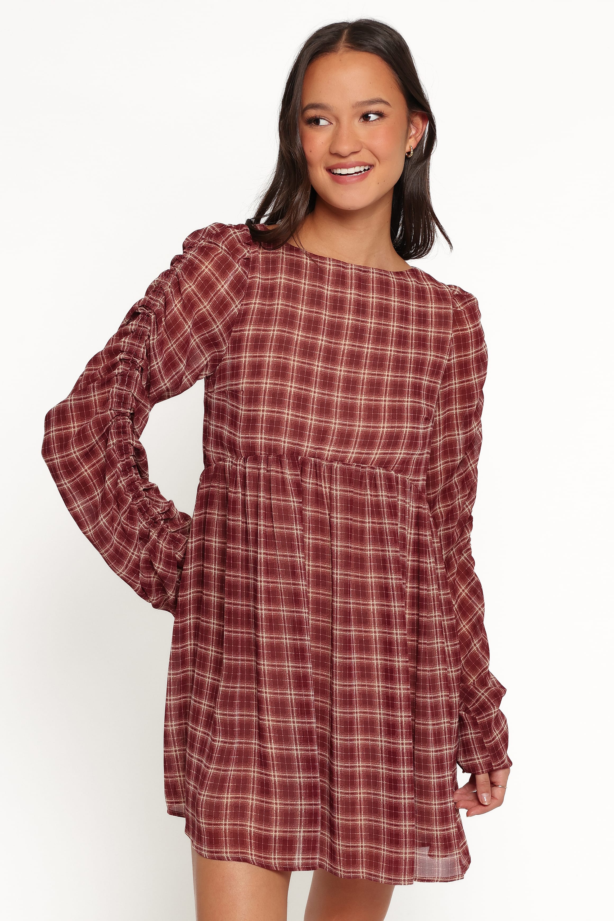 DRESSES Micaela Long Sleeve Mini Dress - Burgundy Plaid
