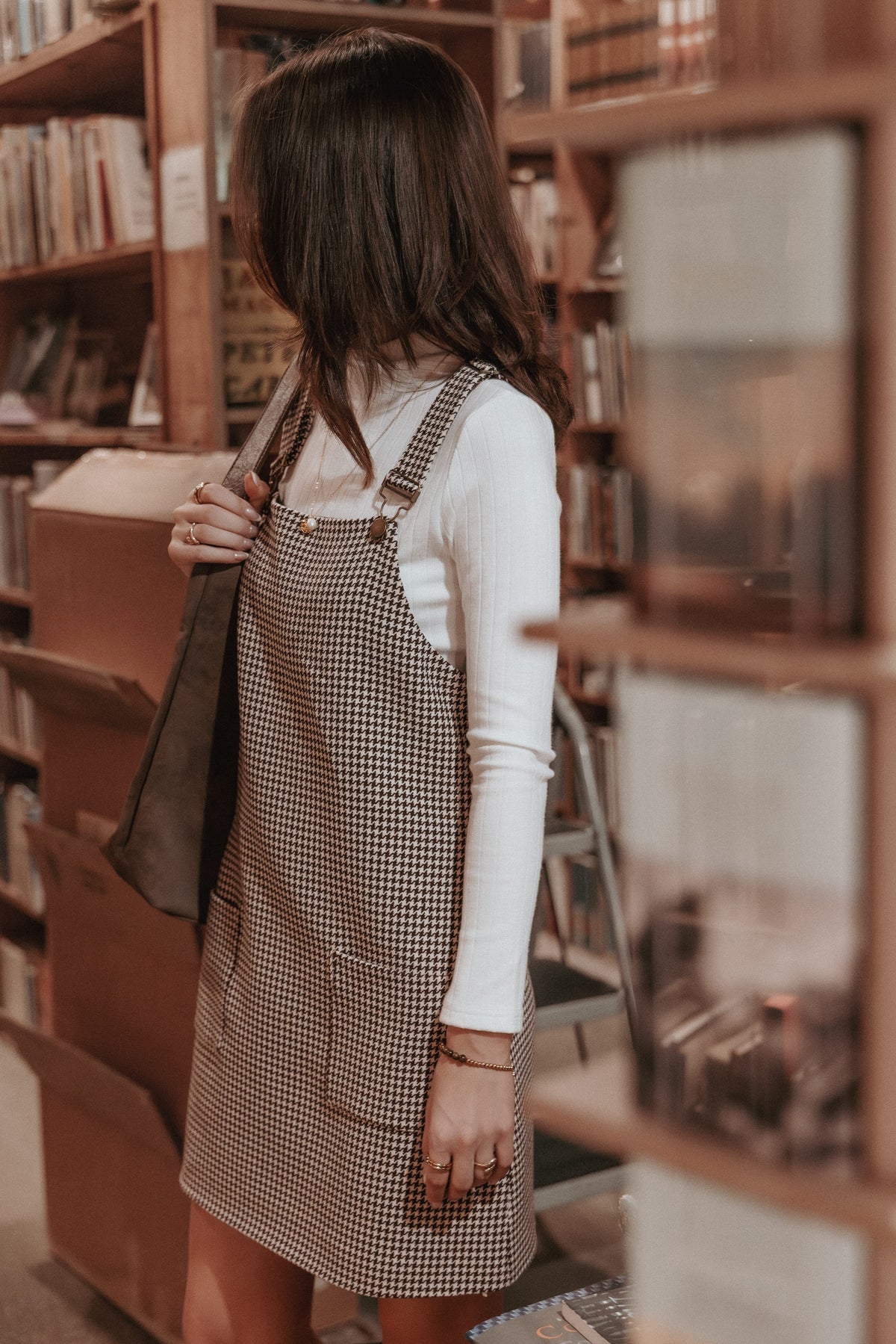 DRESSES Noah Overall Mini Dress - Brown Houndstooth