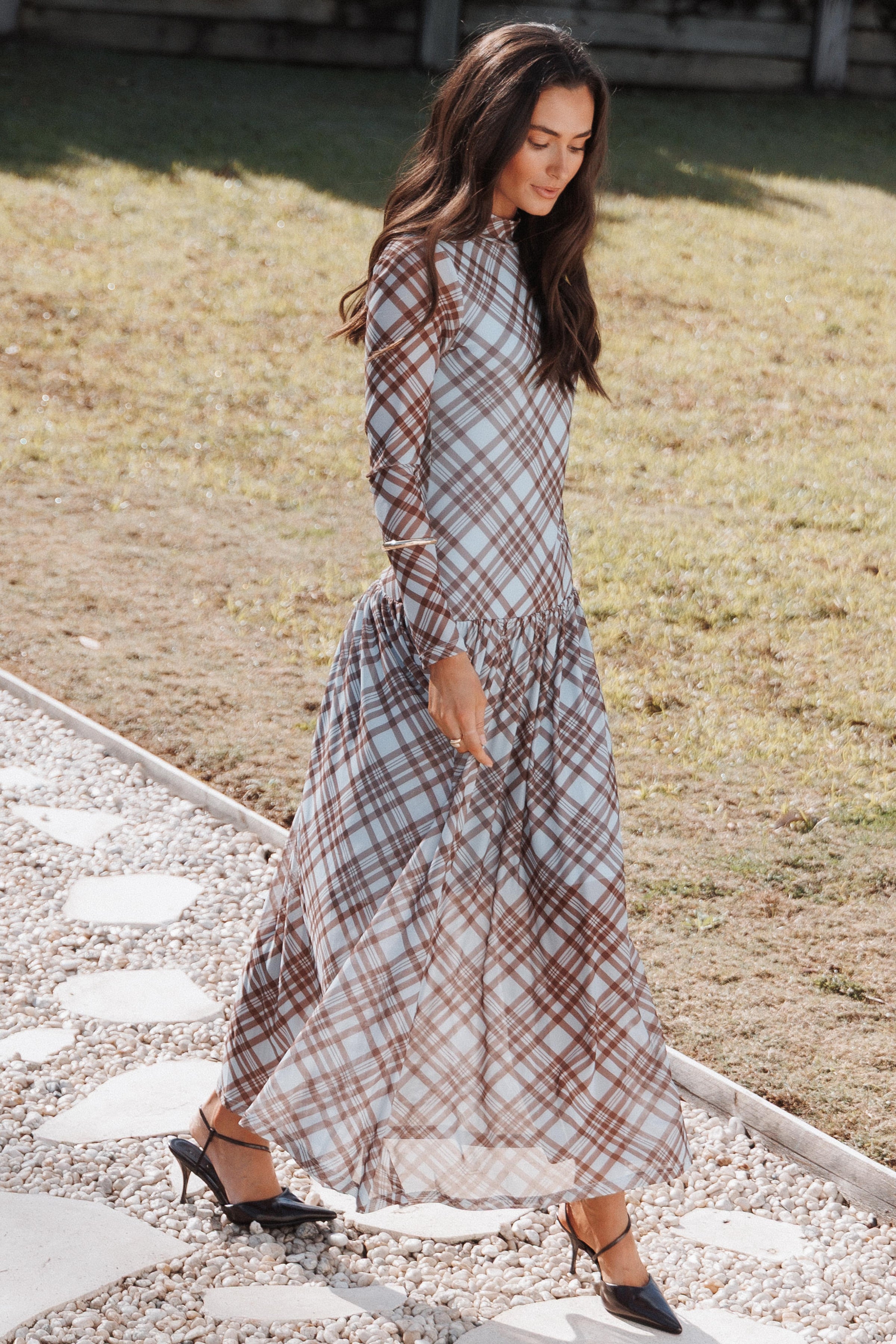 DRESSES Odilia Long Sleeve Mesh Maxi Dress - Blue Plaid