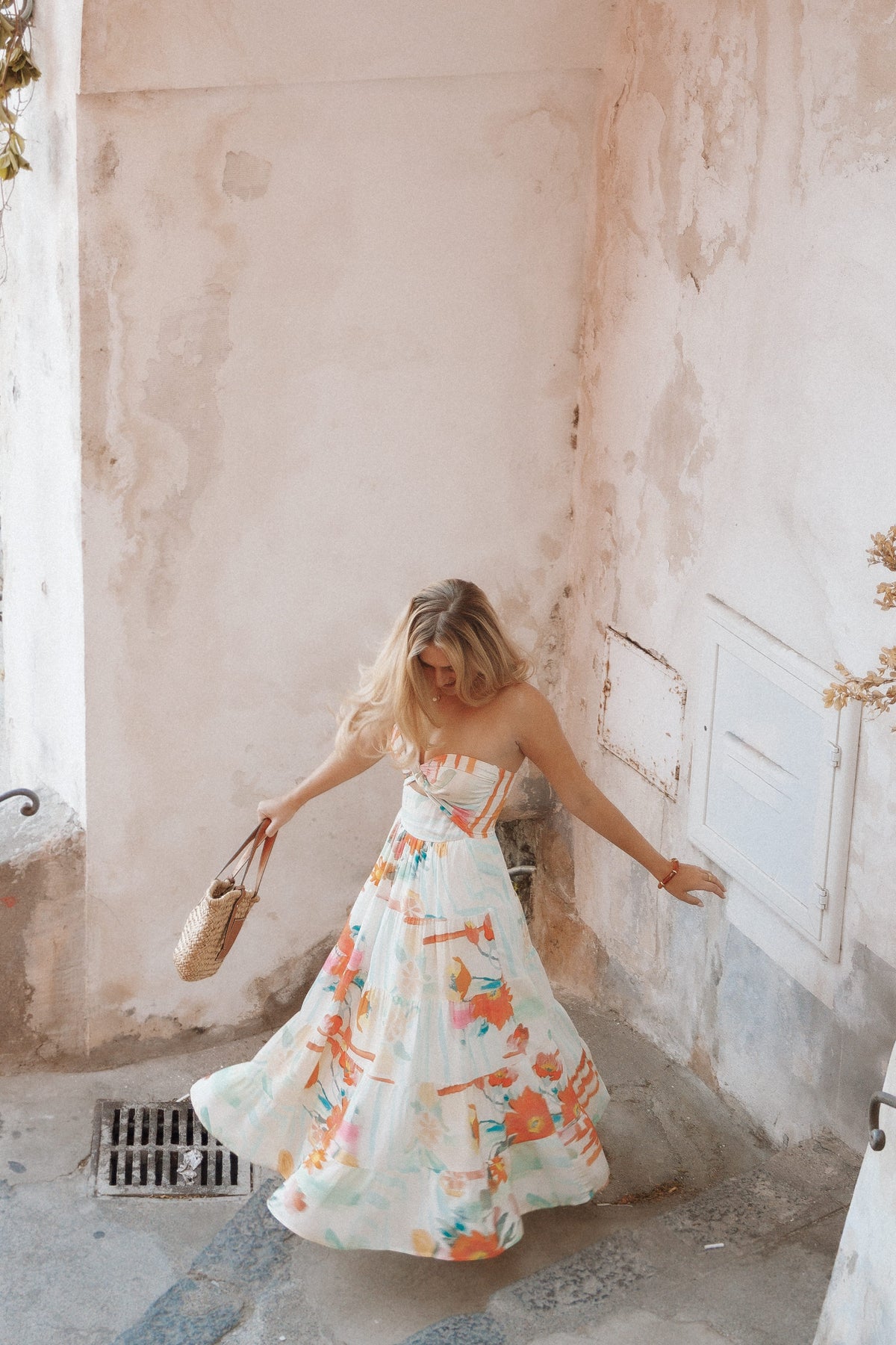 strapless midi floral dress Strapless Pink Floral Organdy Midi Dress