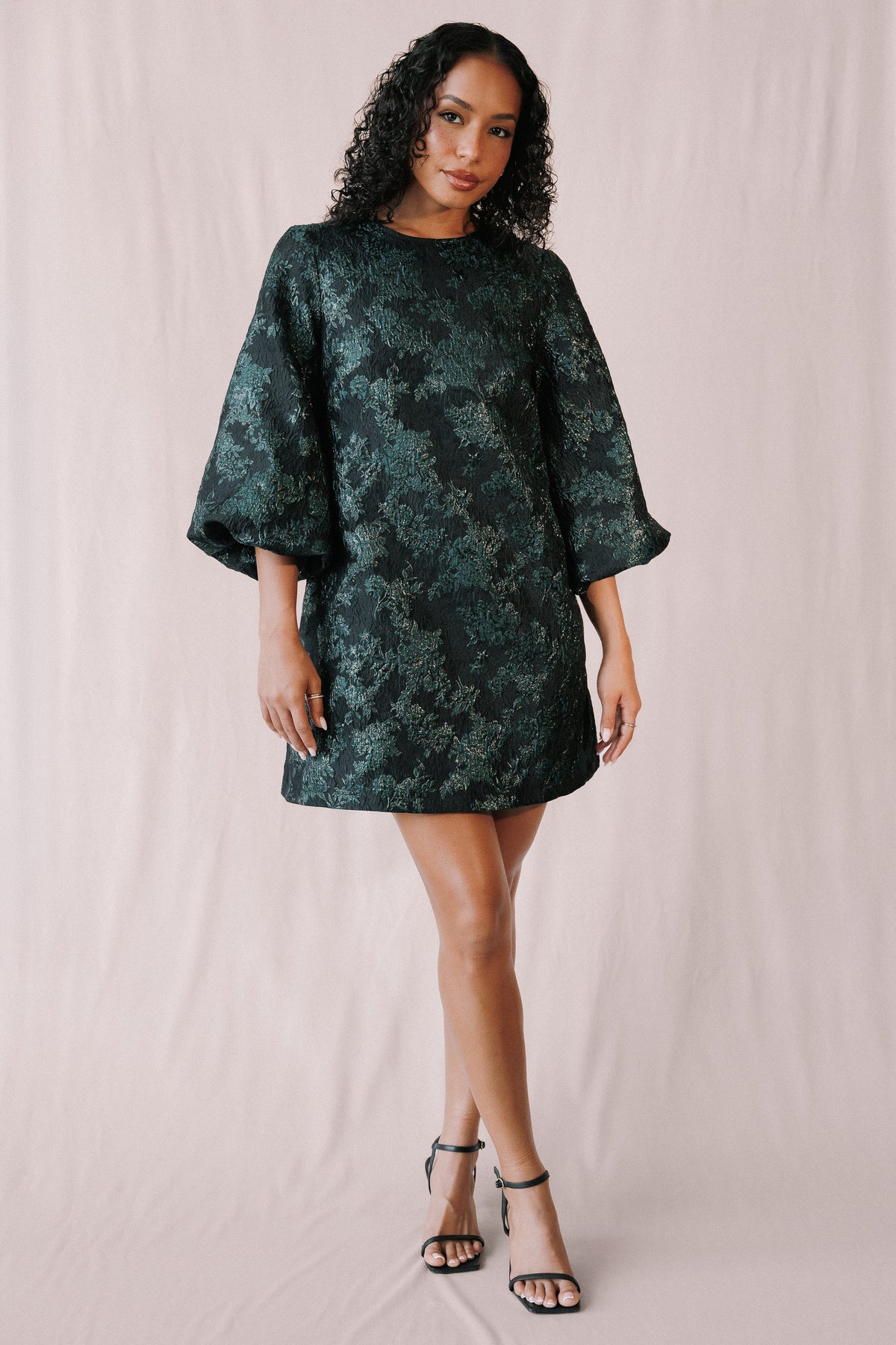 DRESSES Treloar Long Sleeve Mini Dress - Green Brocade