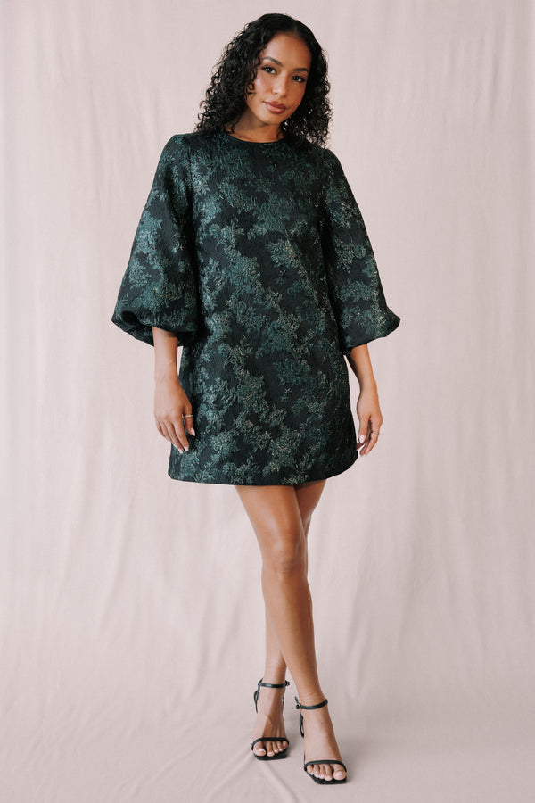 DRESSES Treloar Long Sleeve Mini Dress - Green Brocade