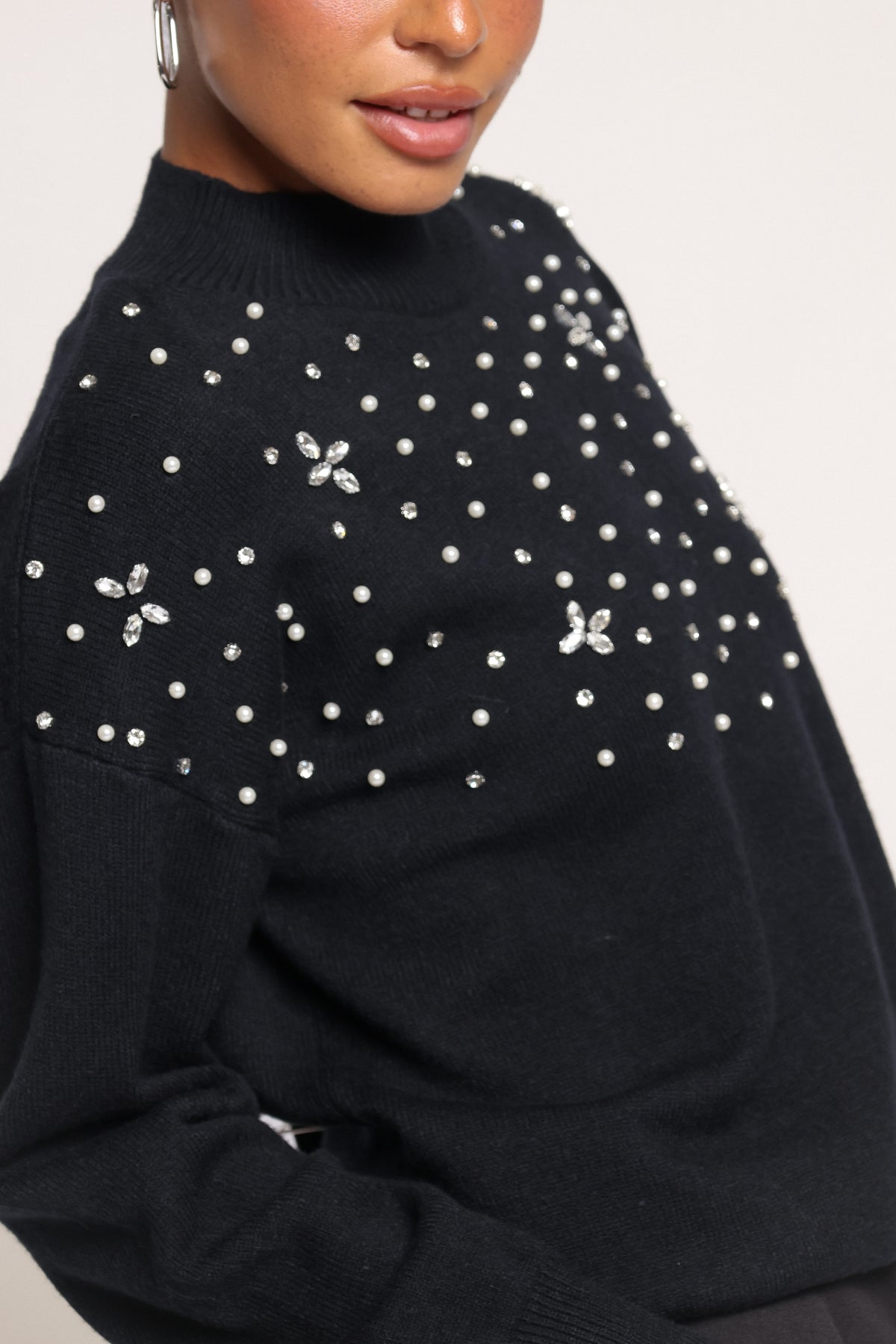 KNITWEAR Averie Mockneck Embellished Sweater - Black