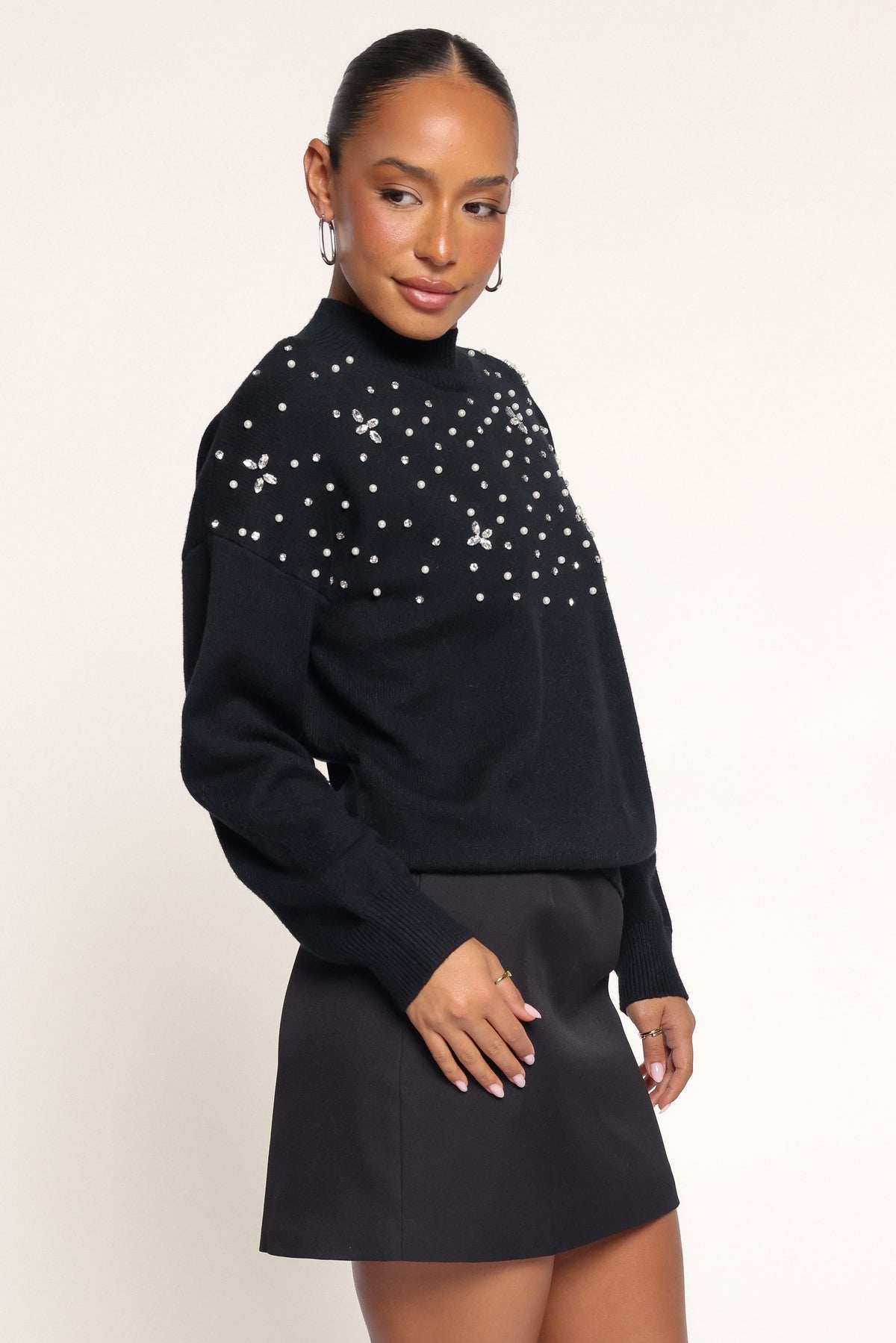 KNITWEAR Averie Mockneck Embellished Sweater - Black