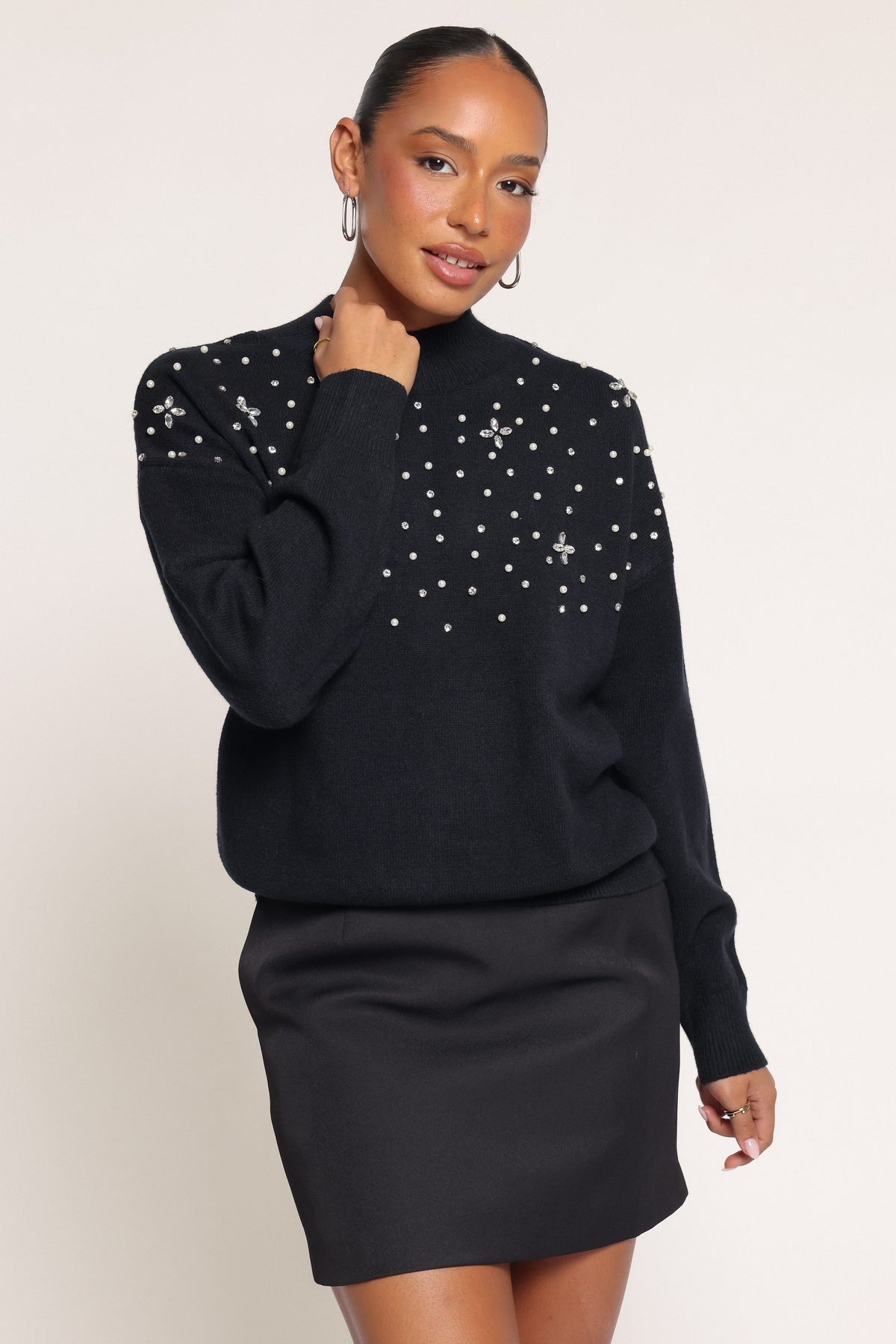 KNITWEAR Averie Mockneck Embellished Sweater - Black