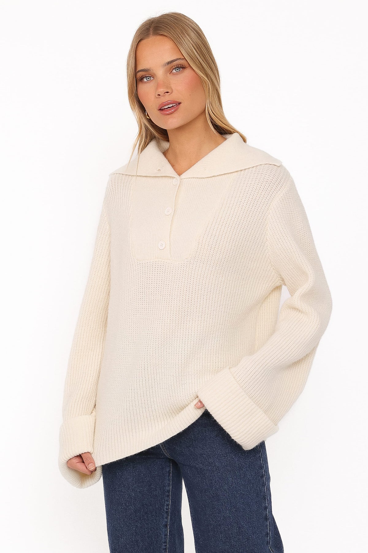 KNITWEAR Chadley Quarter Button Sweater - Cream