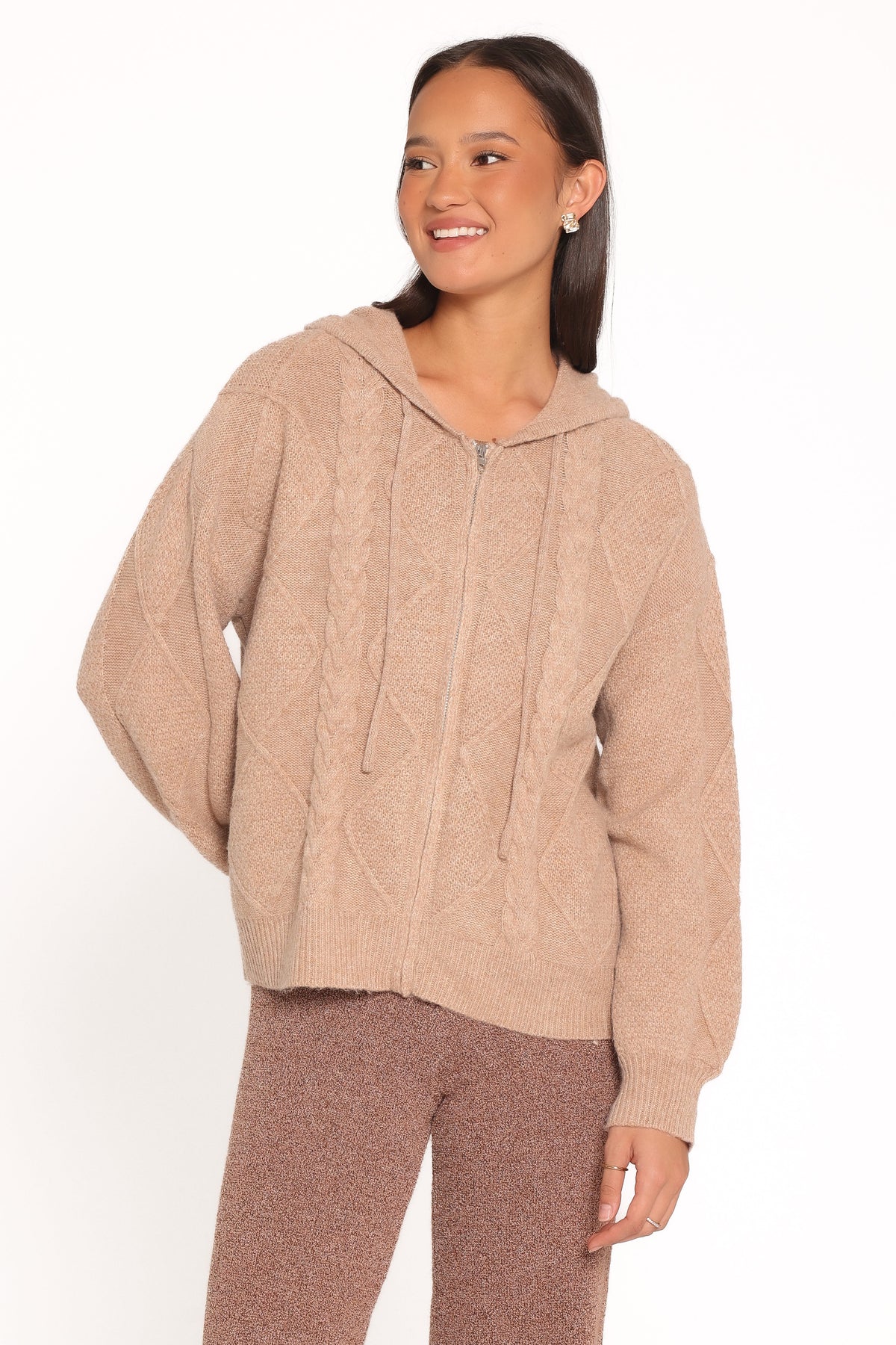 KNITWEAR Charlene Cable Knit Zip Hoodie - Taupe