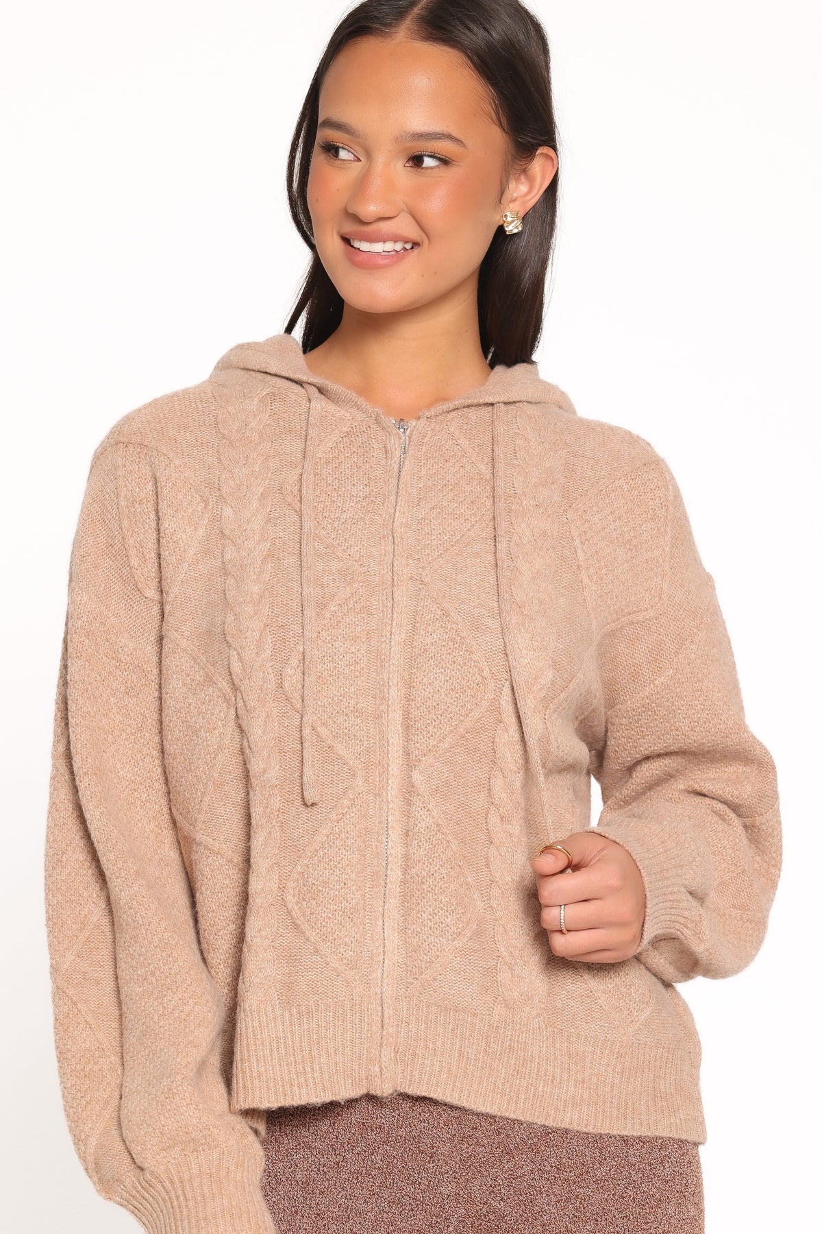 KNITWEAR Charlene Cable Knit Zip Hoodie - Taupe