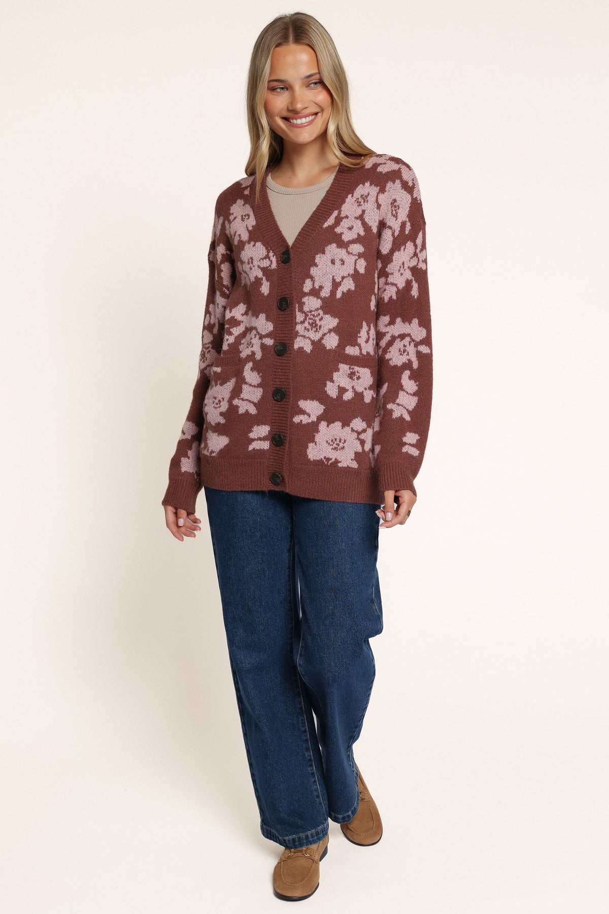 KNITWEAR Dayton Oversized Cardigan - Brown Pink Floral