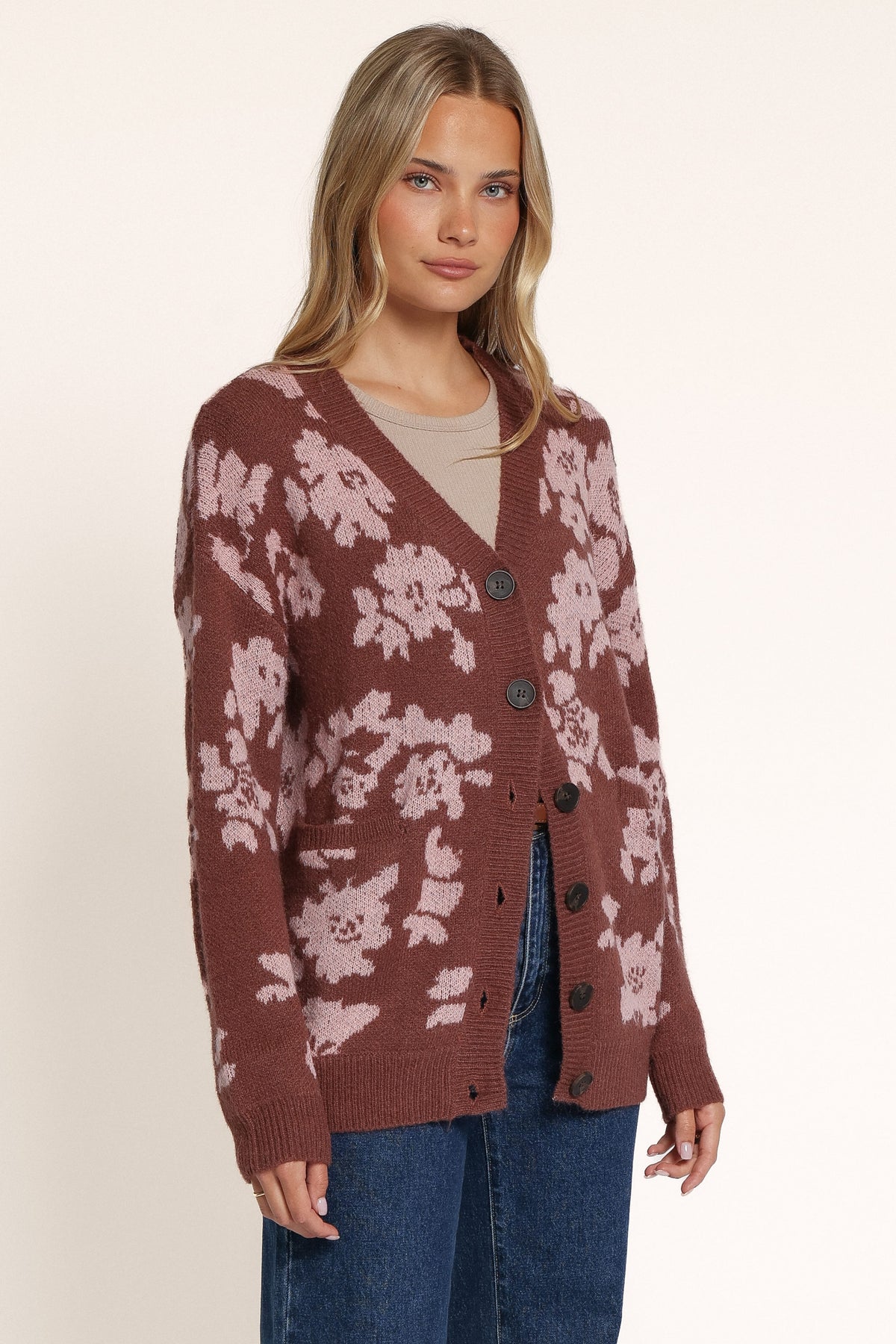 KNITWEAR Dayton Oversized Cardigan - Brown Pink Floral