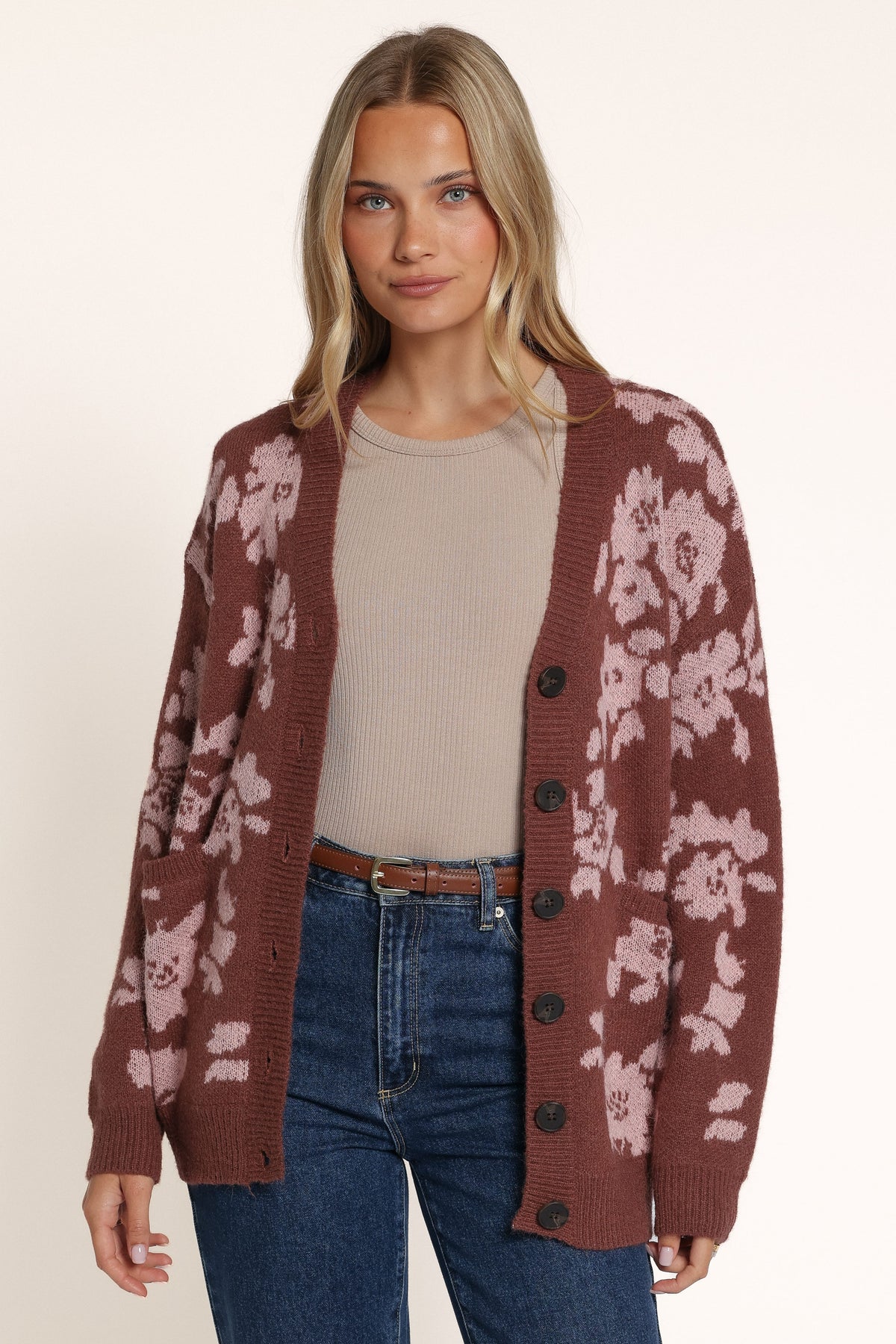 KNITWEAR Dayton Oversized Cardigan - Brown Pink Floral