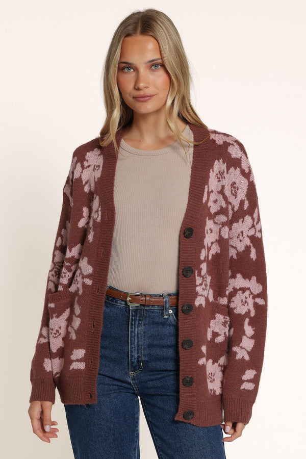 KNITWEAR Dayton Oversized Cardigan - Brown Pink Floral