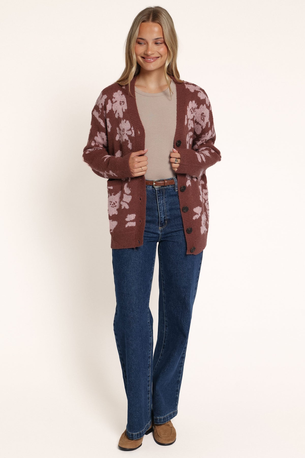 KNITWEAR Dayton Oversized Cardigan - Brown Pink Floral
