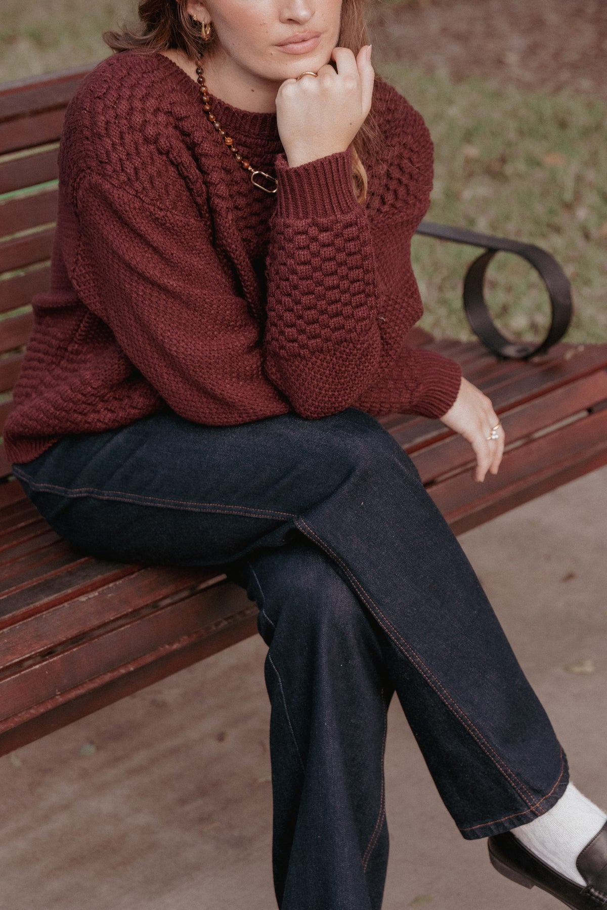 KNITWEAR Fiora Waffle Stitch Sweater - Burgundy