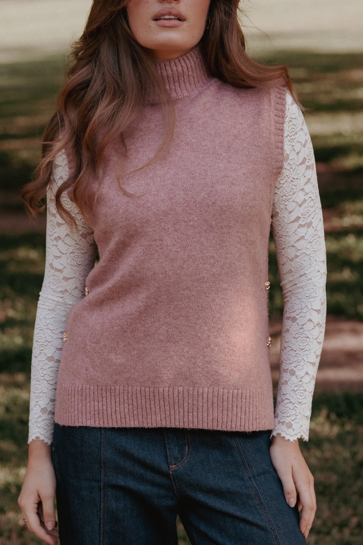 KNITWEAR Freydis Side Button Sweater Top - Rose