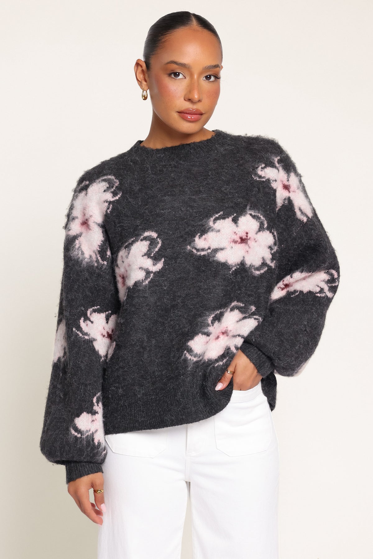 KNITWEAR Garetta Scarf Sweater - Charcoal Pink Floral