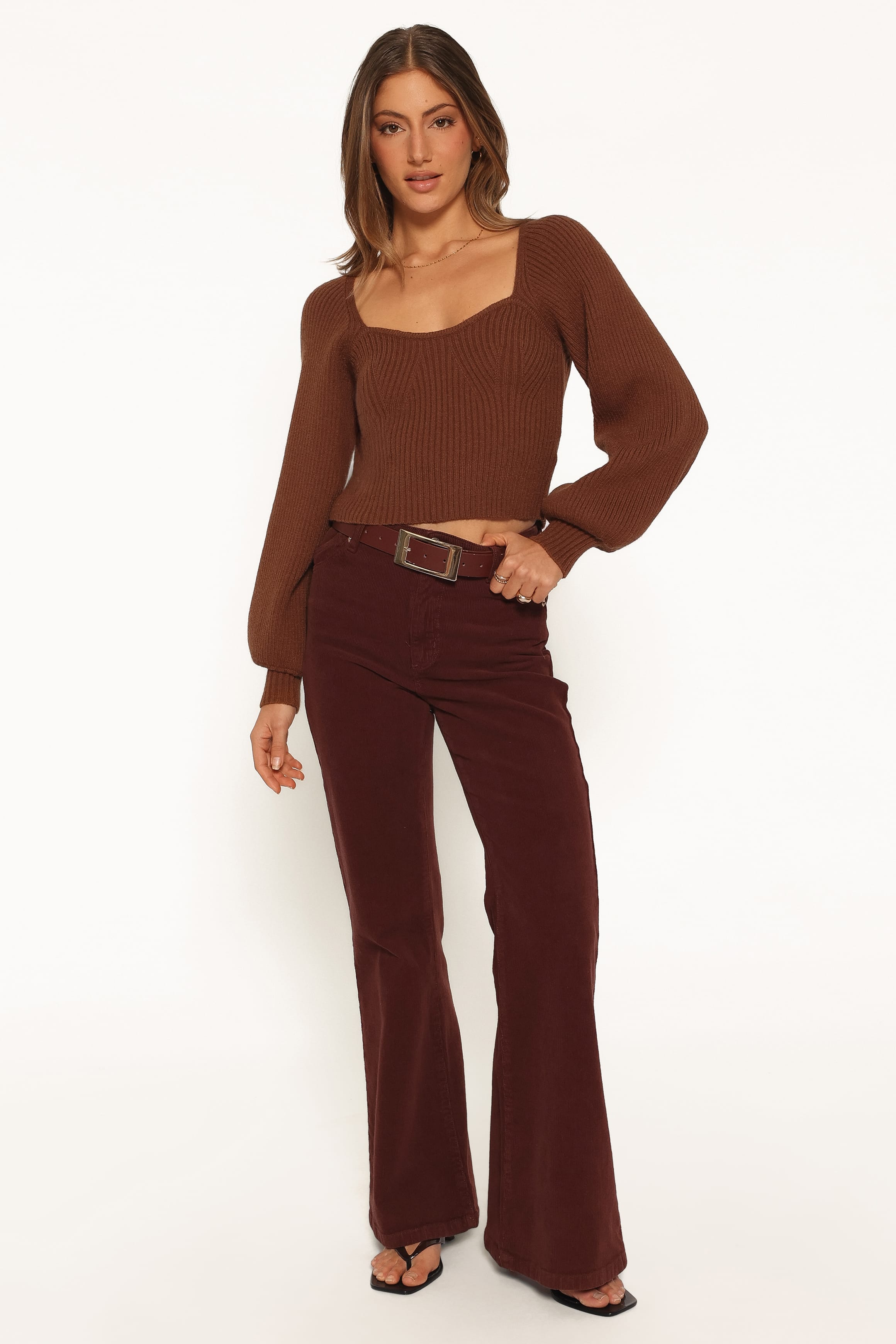 KNITWEAR Gia Sweetheart Neck Bell Sleeve Knit Sweater - Chocolate