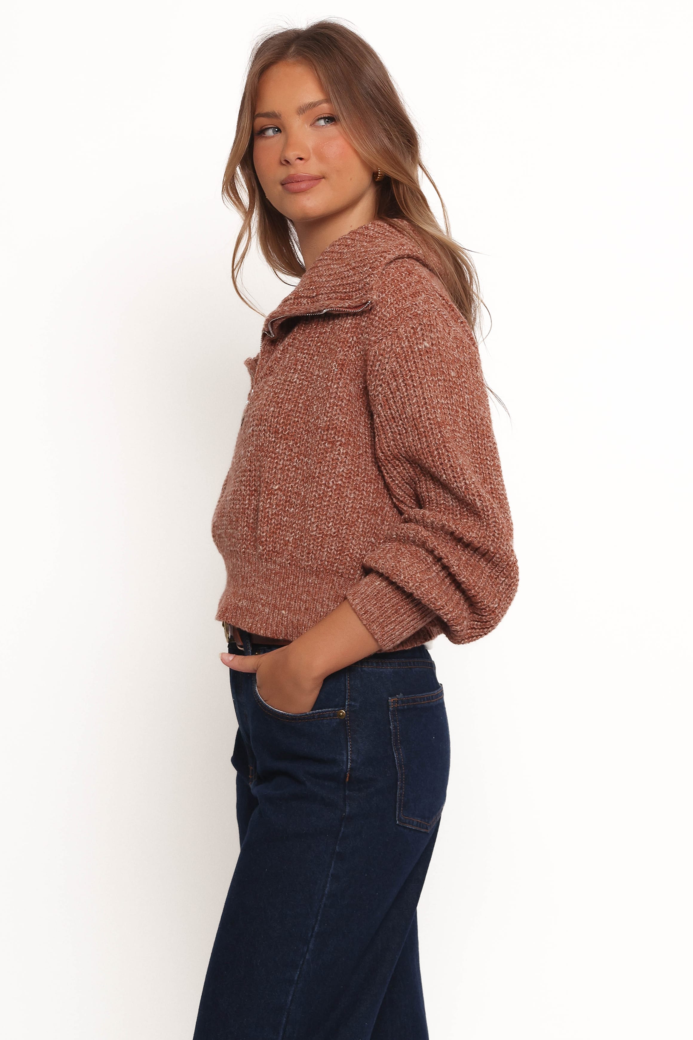 KNITWEAR Hallow Collar Quarter Zip Sweater - Brown