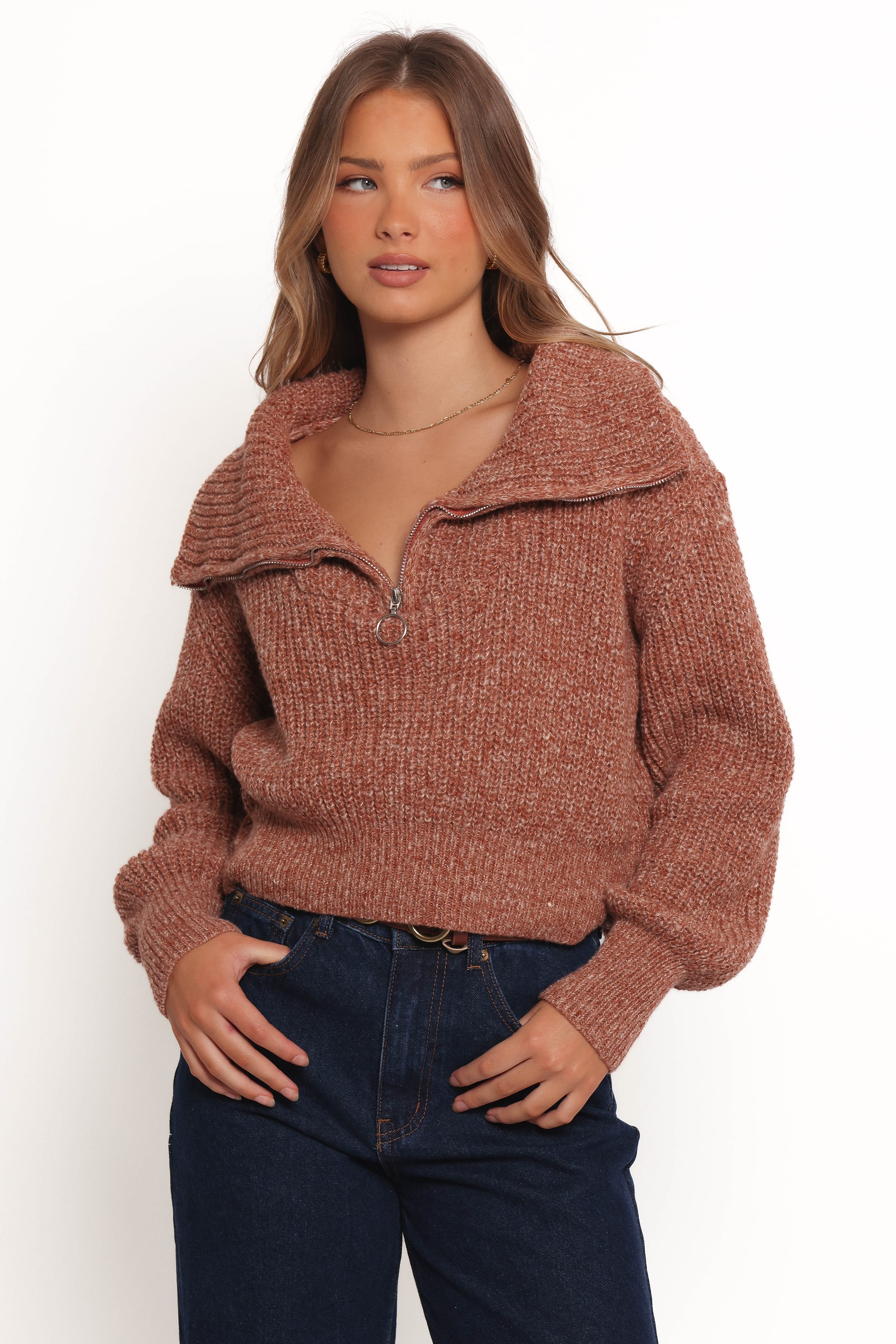 KNITWEAR Hallow Collar Quarter Zip Sweater - Brown