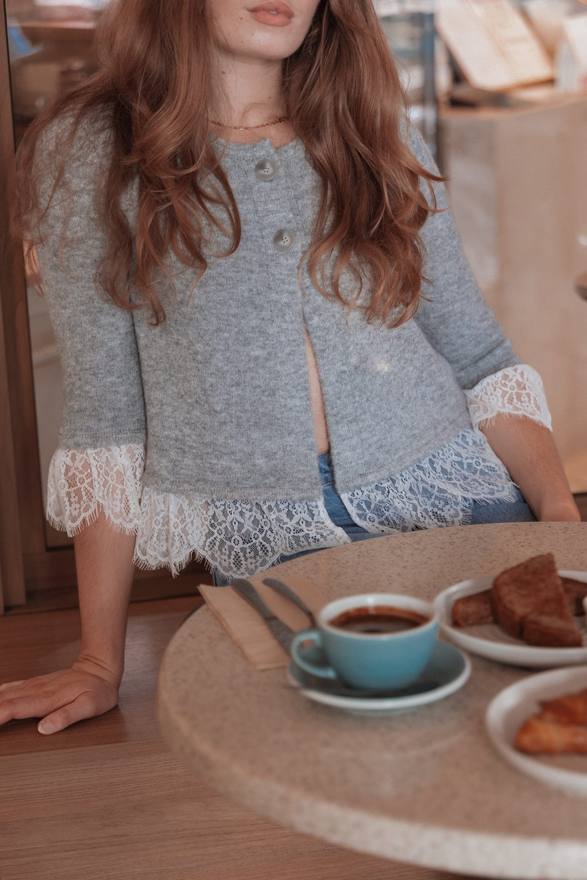 KNITWEAR Helga Lace Trim Cardigan - Grey