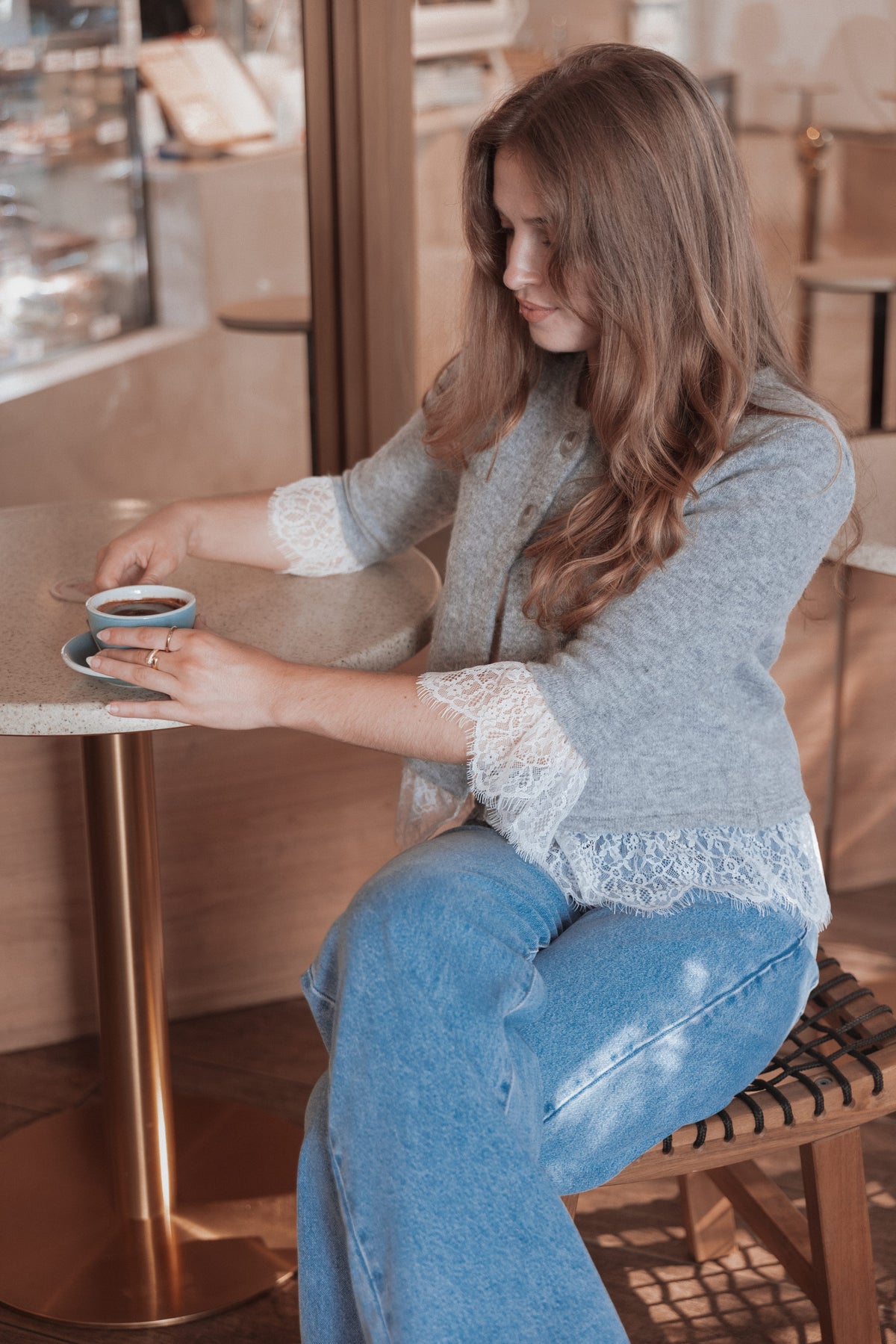 KNITWEAR Helga Lace Trim Cardigan - Grey